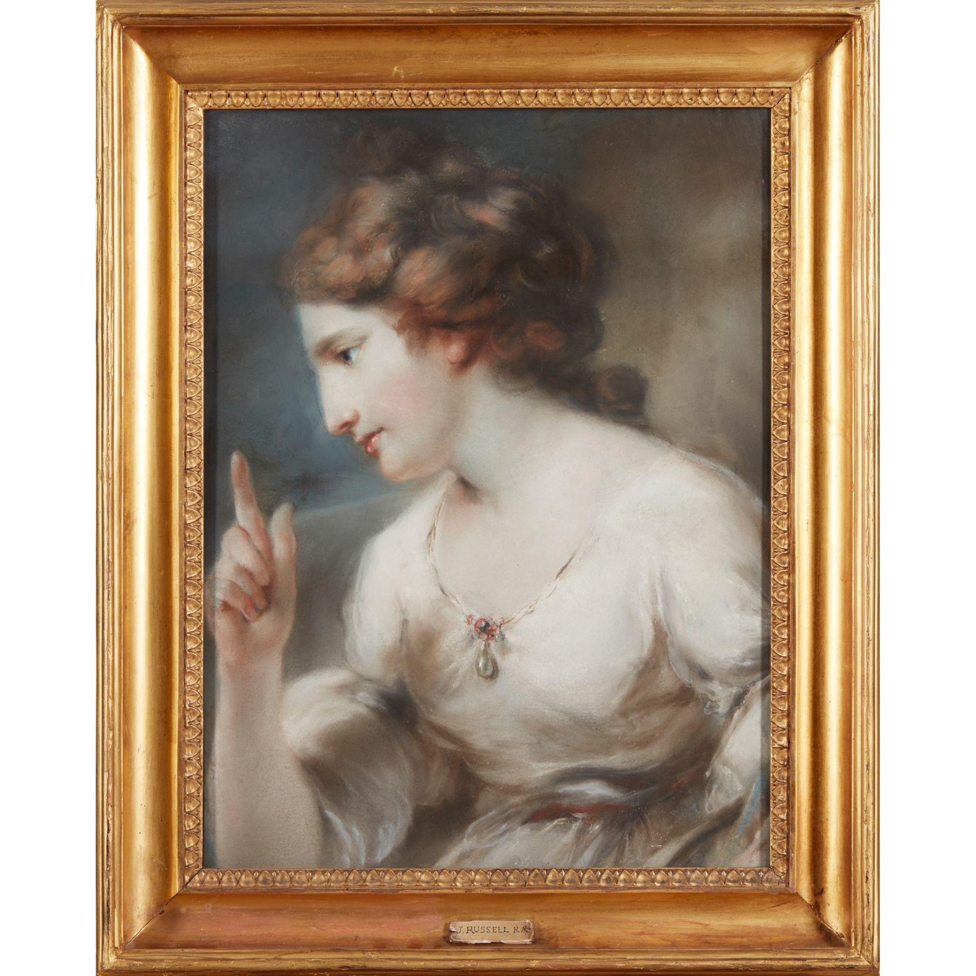 ATTRIBUTED TO JOHN RUSSELL HALF LENGTH PORTRAIT OF LADY IN WHITE DRESS WITH PEARL PENDANT - Bild 2 aus 2