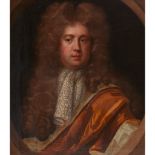 18TH CENTURY FRENCH SCHOOL HALF LENGTH PORTRAIT OF A GENTLEMAN IN A WIG, WITH GOLD CLOAK AND LACE