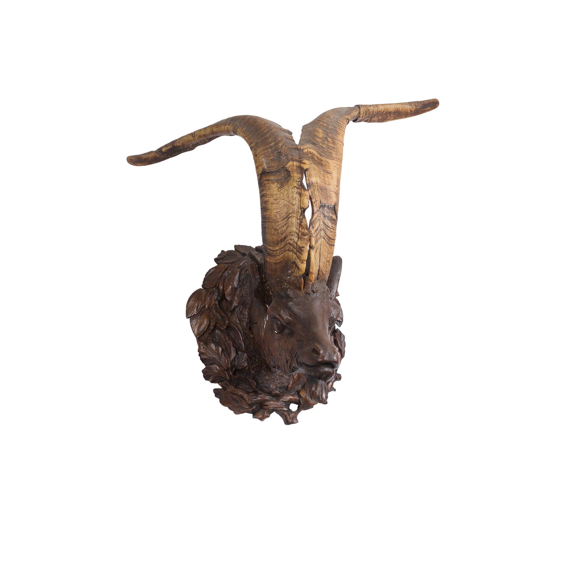 BLACK FOREST CARVED WOOD RAMS’ HEAD LATE 19TH CENTURY