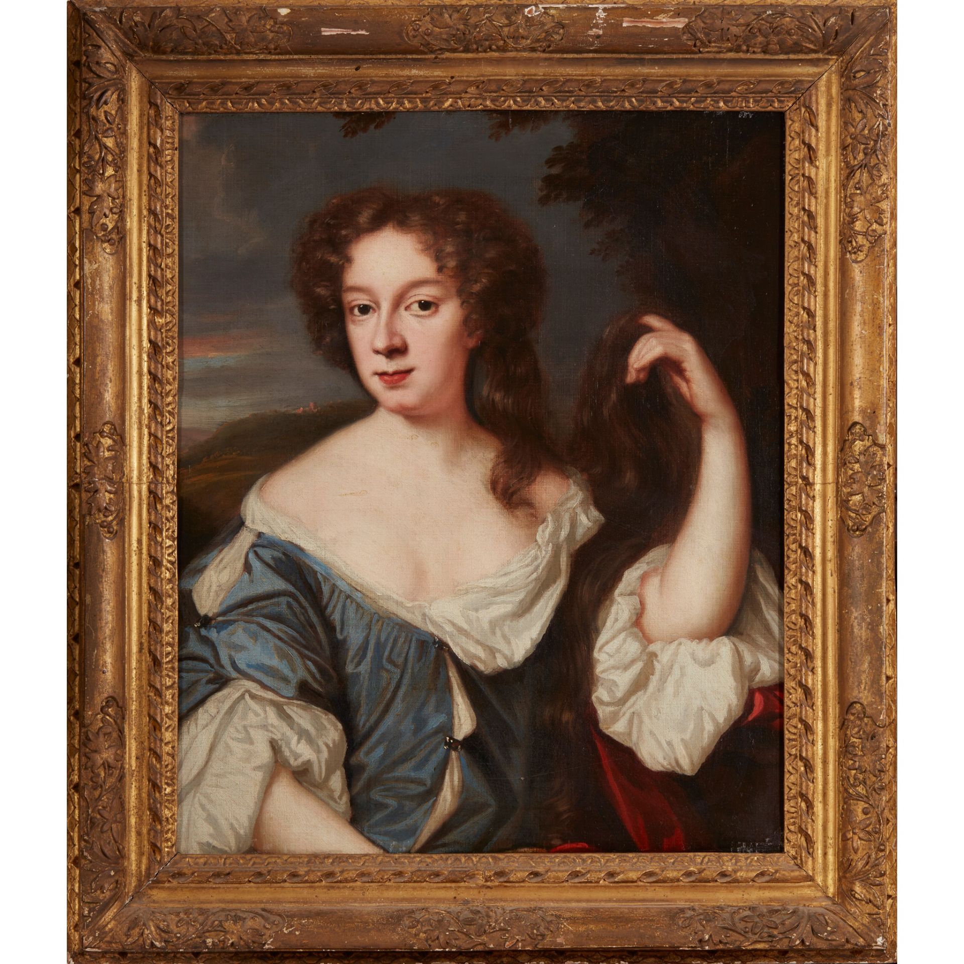 MARY BEALE (BRITISH 1633-1699) HALF LENGTH PORTRAIT OF A LADY IN BLUE ROBES HOLDING HER LONG HAIR - Image 2 of 2