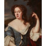 MARY BEALE (BRITISH 1633-1699) HALF LENGTH PORTRAIT OF A LADY IN BLUE ROBES HOLDING HER LONG HAIR