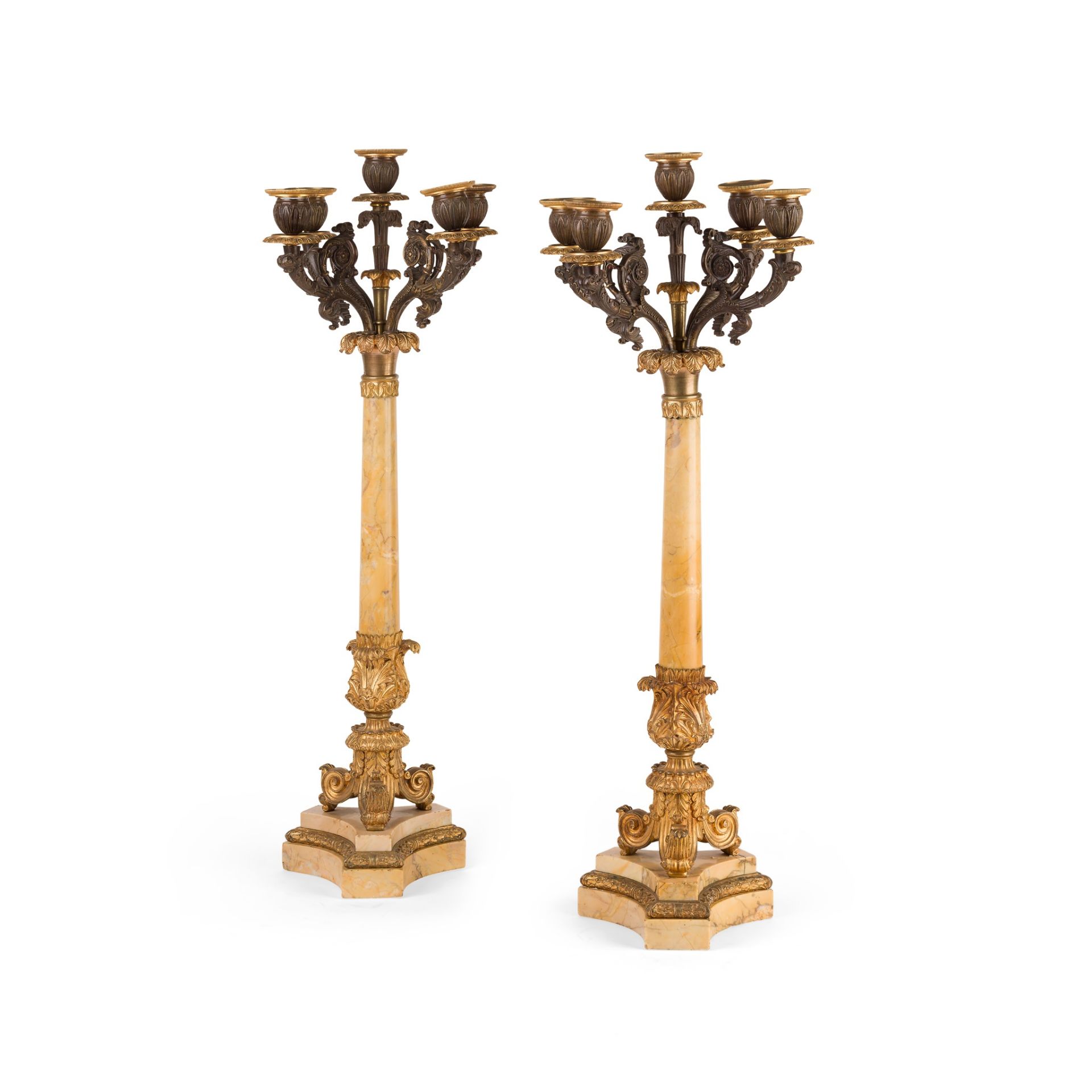 PAIR OF REGENCY SIENA MARBLE AND BRONZE CANDELABRA EARLY 19TH CENTURY