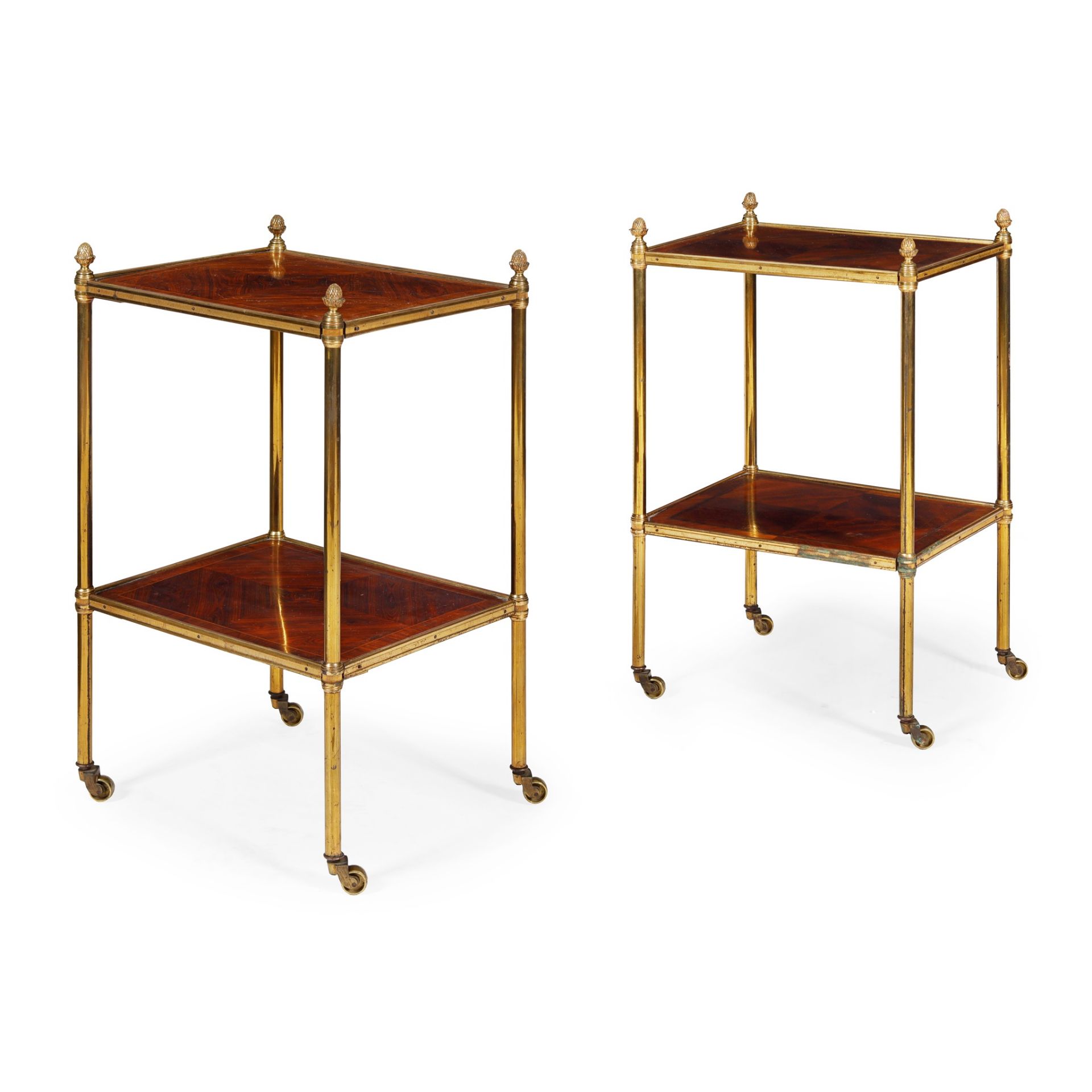 NEAR PAIR OF GILT BRASS FRAMED KINGWOOD AND MAHOGANY ÉTAGÈRES 20TH CENTURY