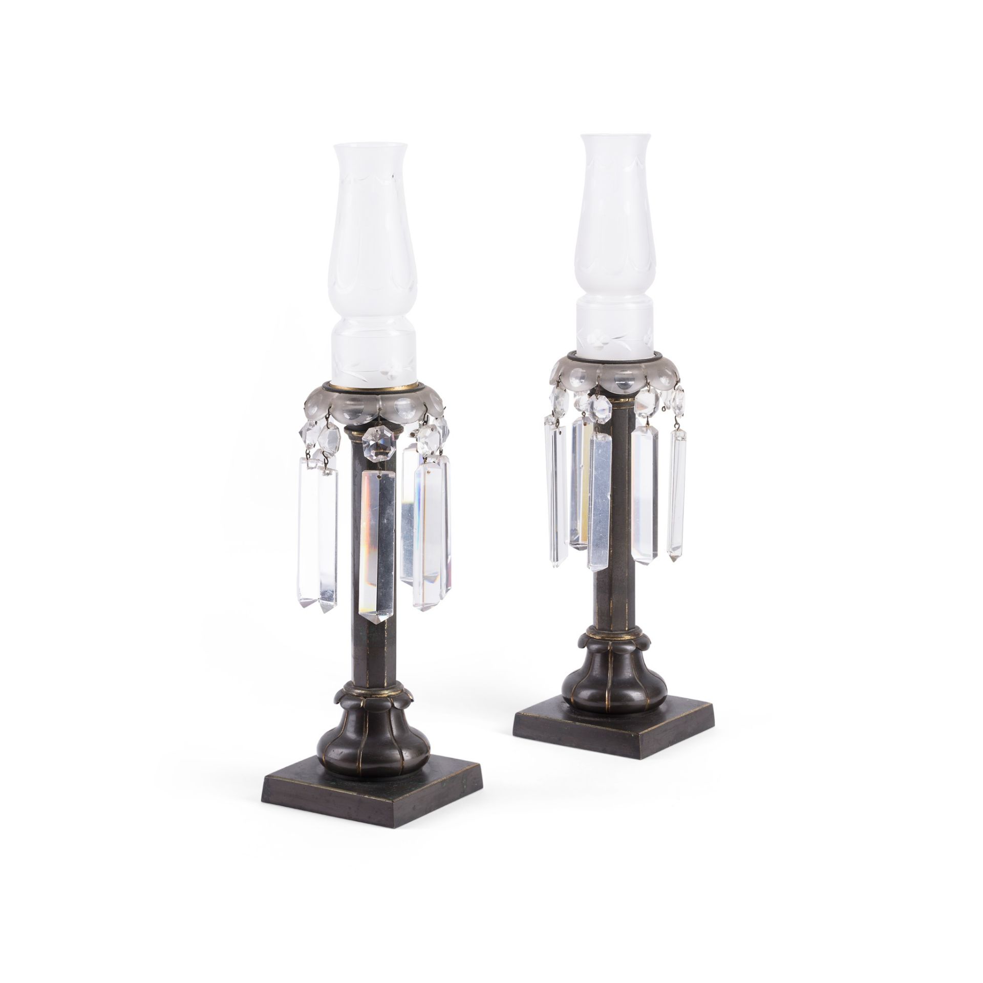 PAIR OF EARLY VICTORIAN BRONZE AND FROSTED GLASS LUSTRE LAMPS MID 19TH CENTURY