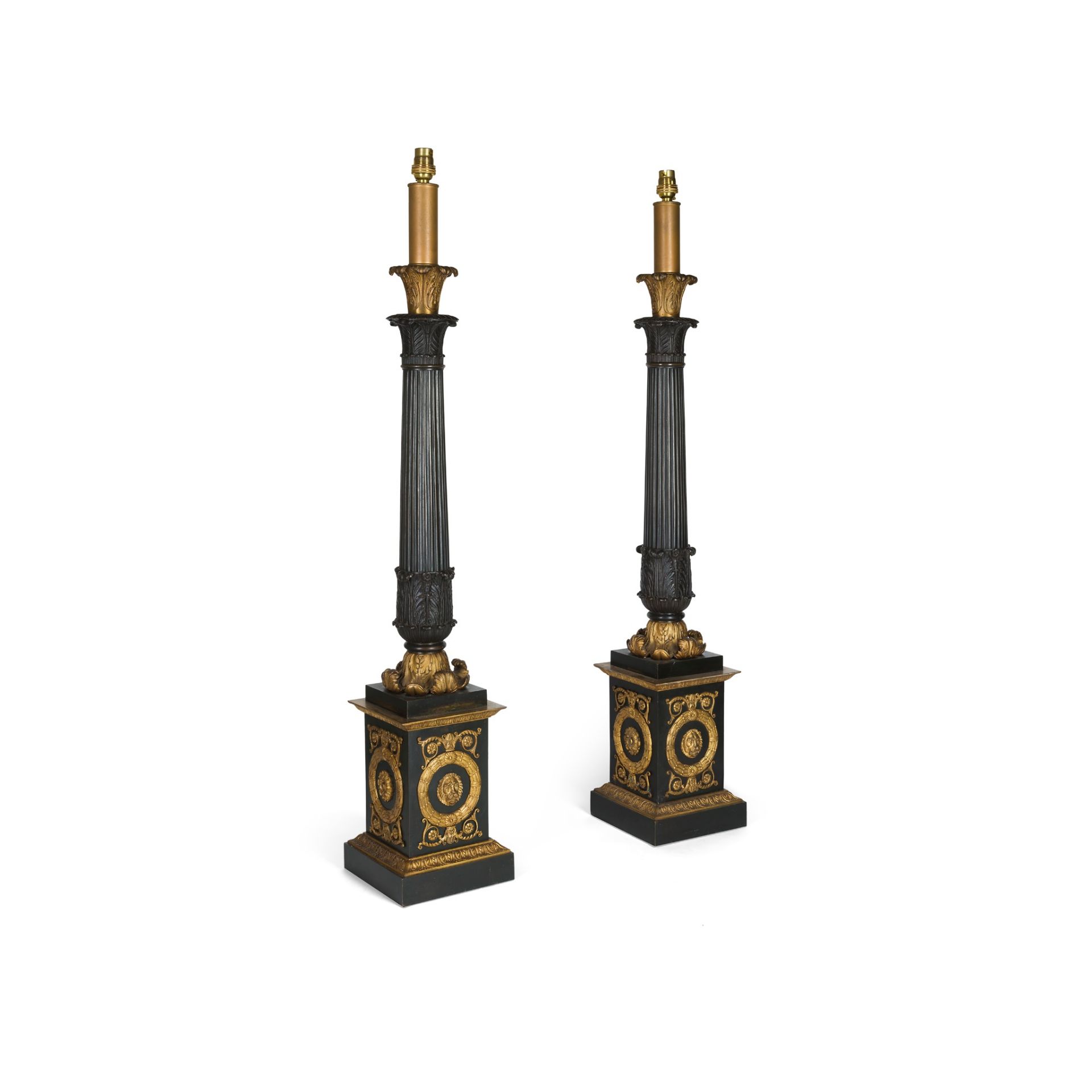 PAIR OF LARGE FRENCH EMPIRE PATINATED AND GILT BRONZE TABLE LAMPS EARLY 19TH CENTURY - Image 2 of 2