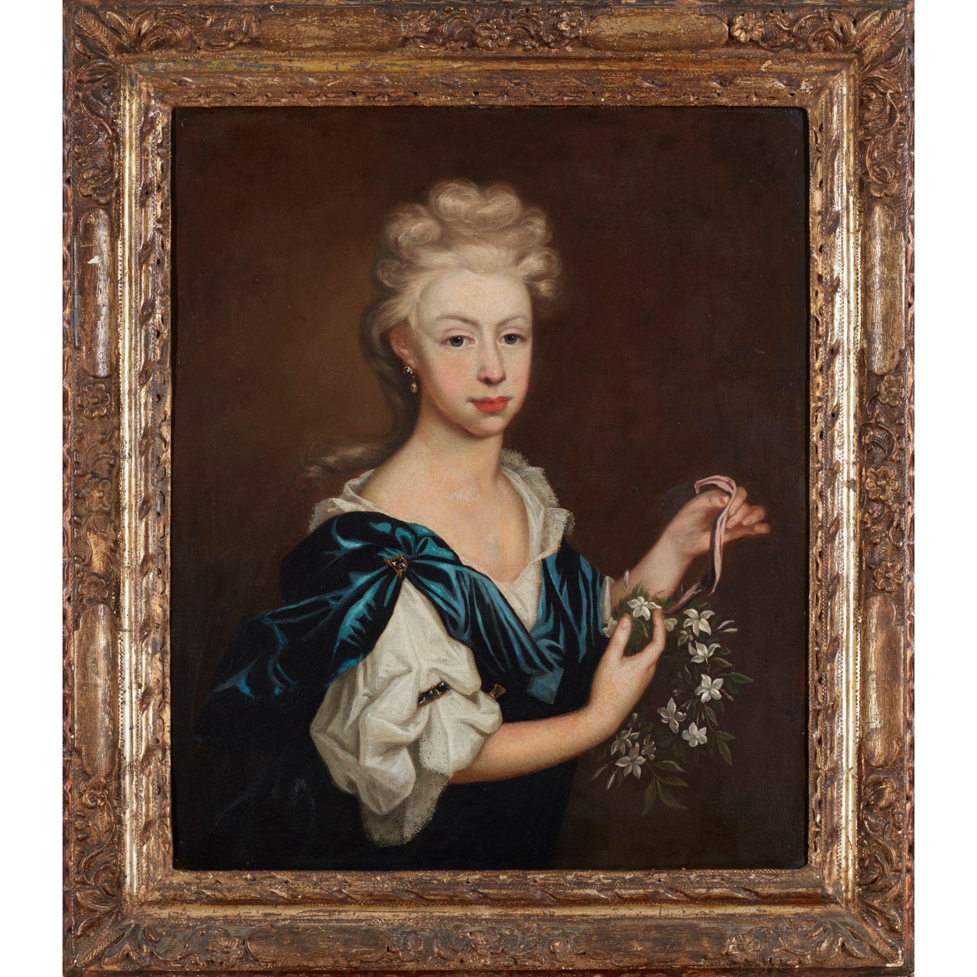 17TH CENTURY ENGLISH SCHOOL HALF LENGTH PORTRAIT OF A YOUNG WOMAN HOLDING A GARLAND OF FLOWERS - Image 2 of 2