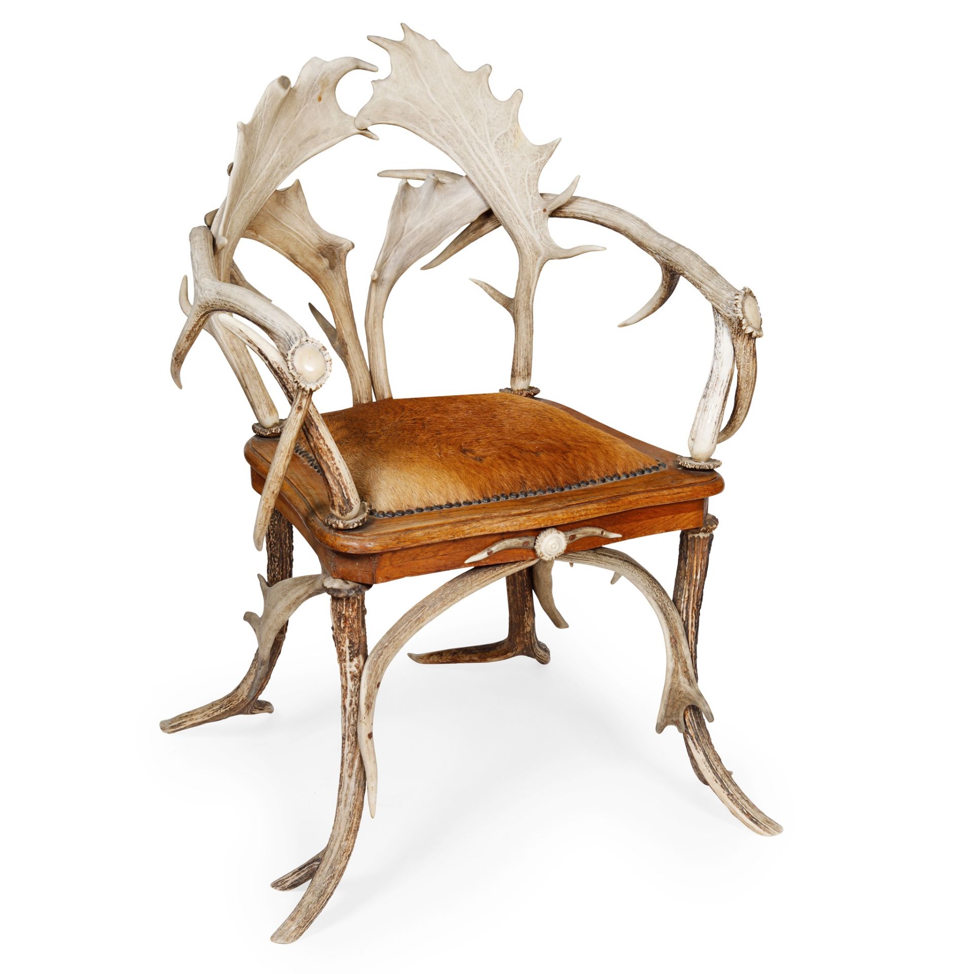 GERMAN ANTLER FRAMED OPEN ARMCHAIR LATE 19TH/EARLY 20TH CENTURY
