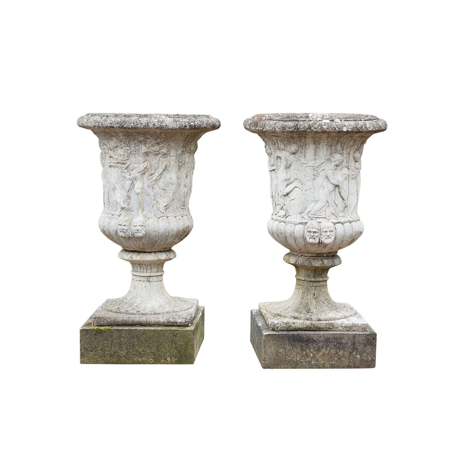 PAIR OF WHITE PAINTED COMPOSITION STONE RELIEF MOULDED URNS AND STANDS 20TH CENTURY - Bild 2 aus 2