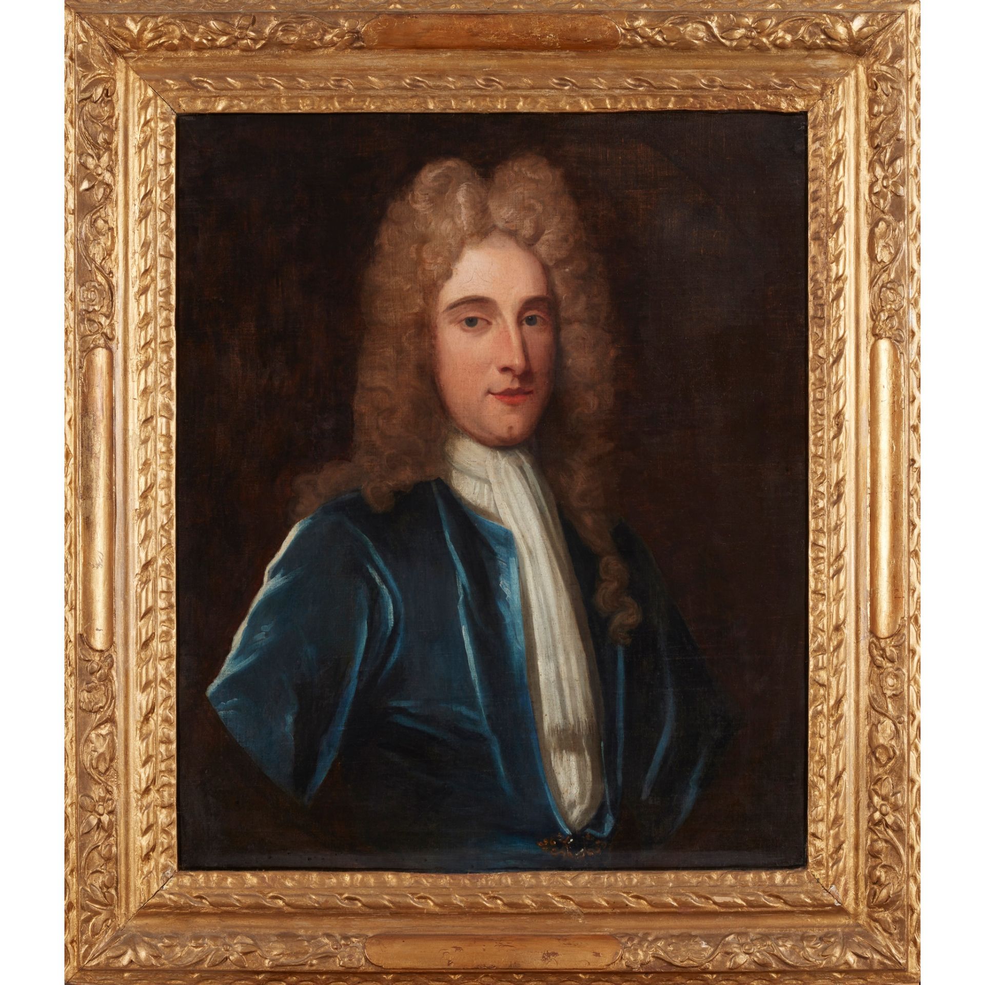 18TH CENTURY ENGLISH SCHOOL HALF LENGTH PORTRAIT OF A YOUNG MAN IN A BLUE COAT WITH WHITE STOCK - Image 2 of 2