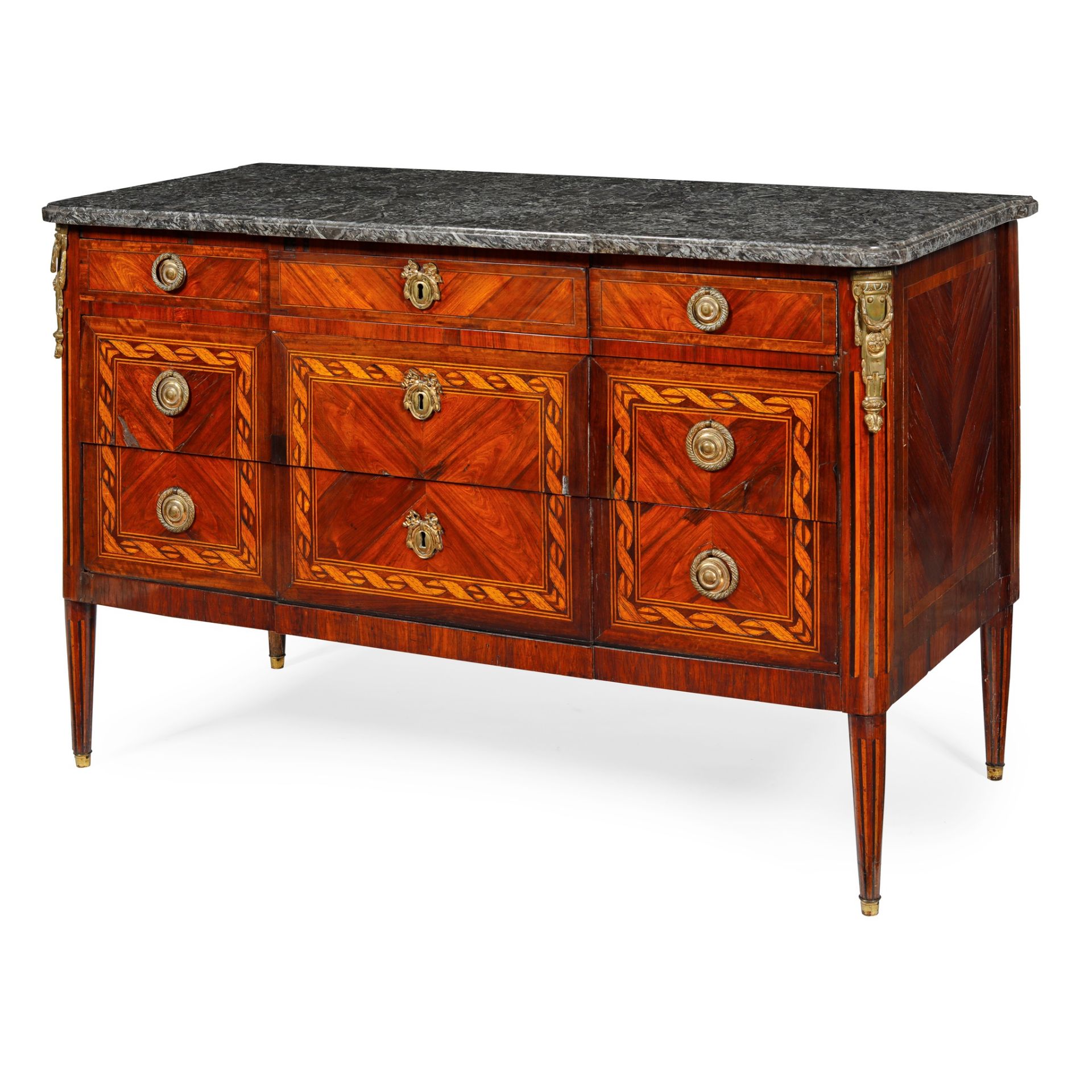 FRENCH LOUIS XVI MARBLE TOPPED KINGWOOD AND FRUITWOOD PARQUETRY COMMODE LATE 18TH CENTURY