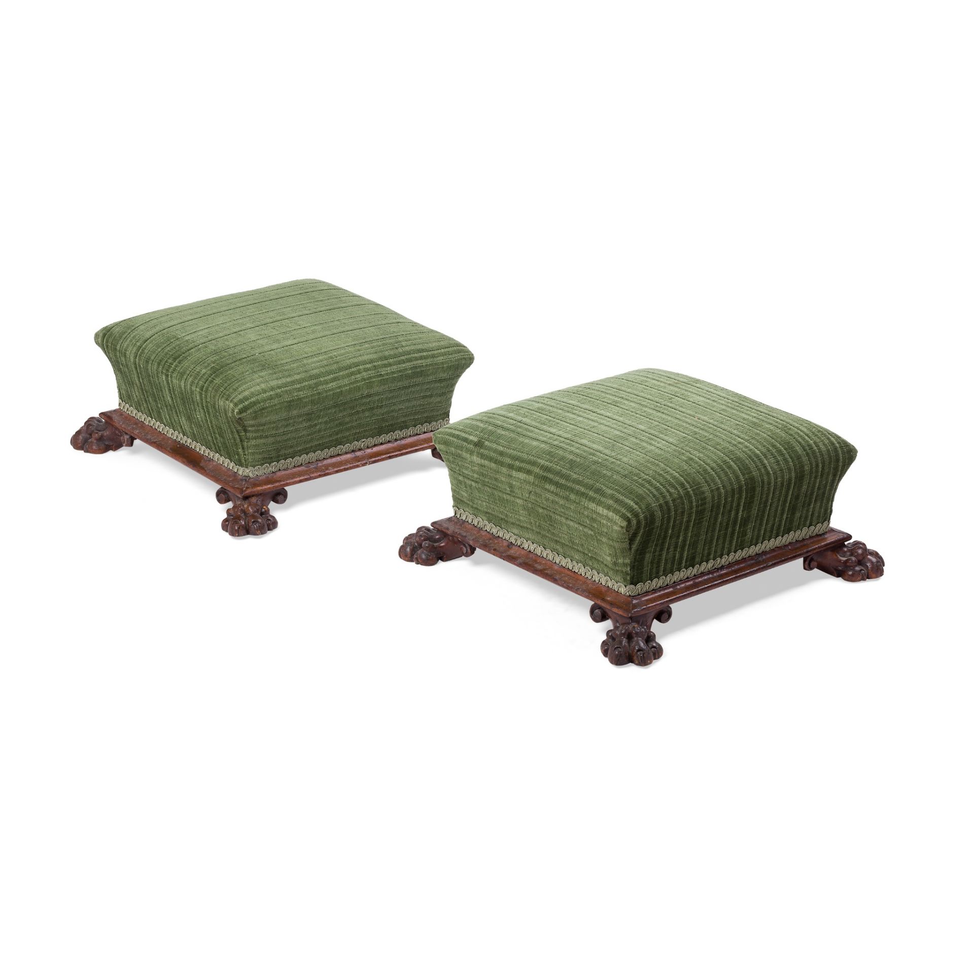 PAIR OF REGENCY MAHOGANY FRAMED FOOTSTOOLS EARLY 19TH CENTURY