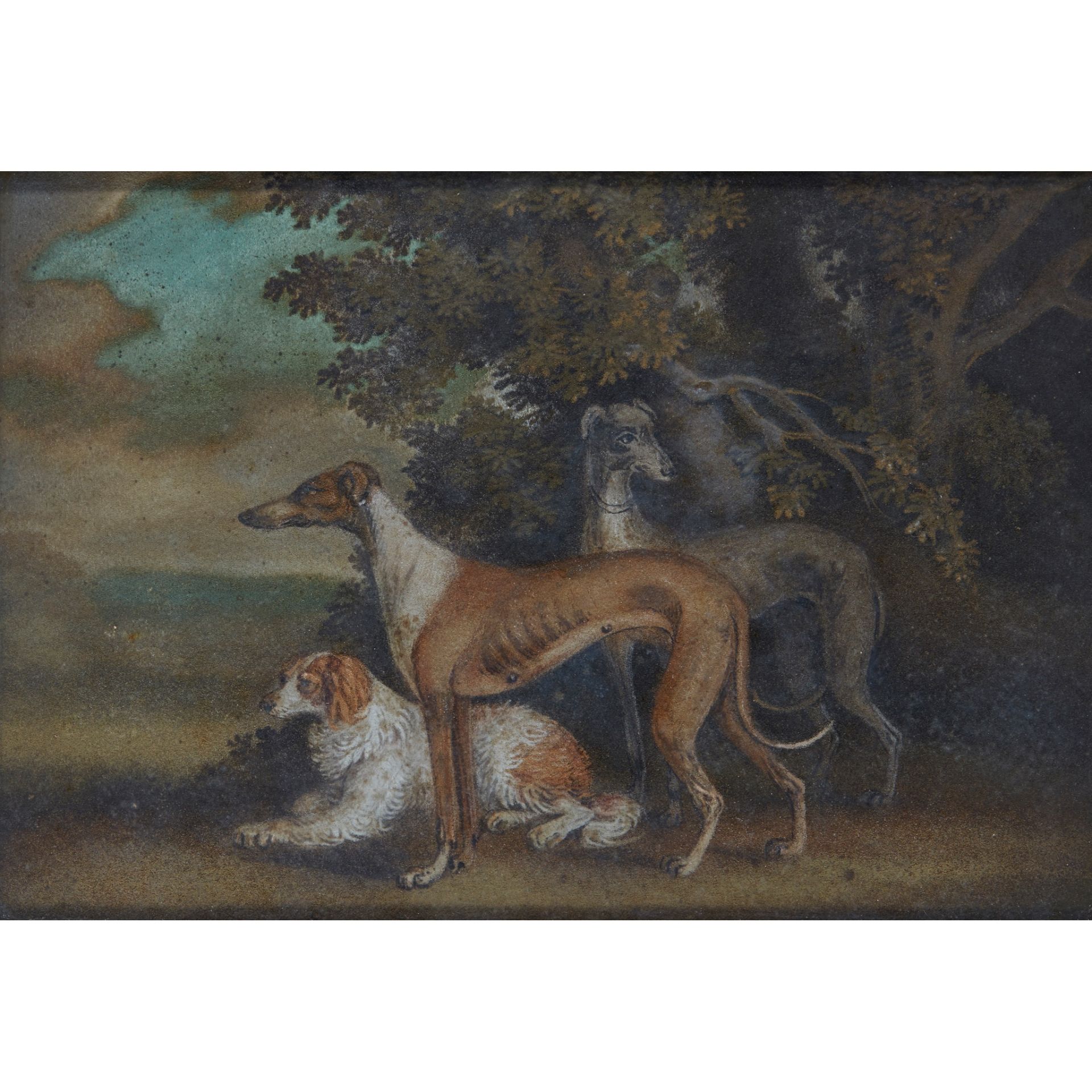 AFTER BENJAMIN ZOEBEL, SAND PICTURE OF THREE DOGS EARLY 19TH CENTURY