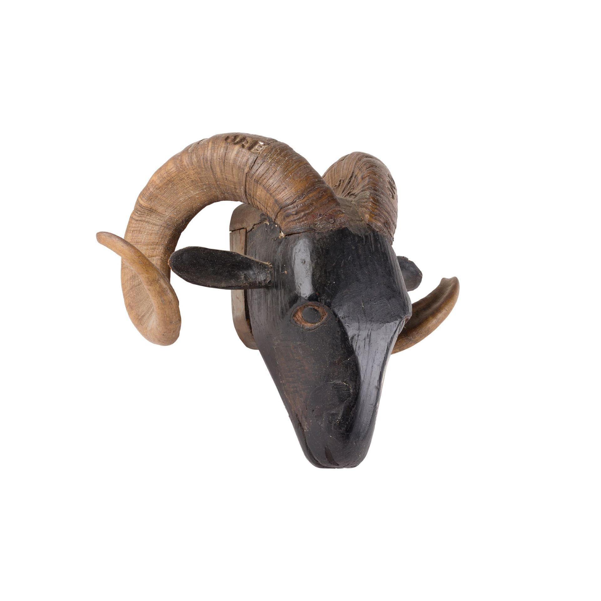 CARVED AND PAINTED WOOD RAM’S HEAD 20TH CENTURY