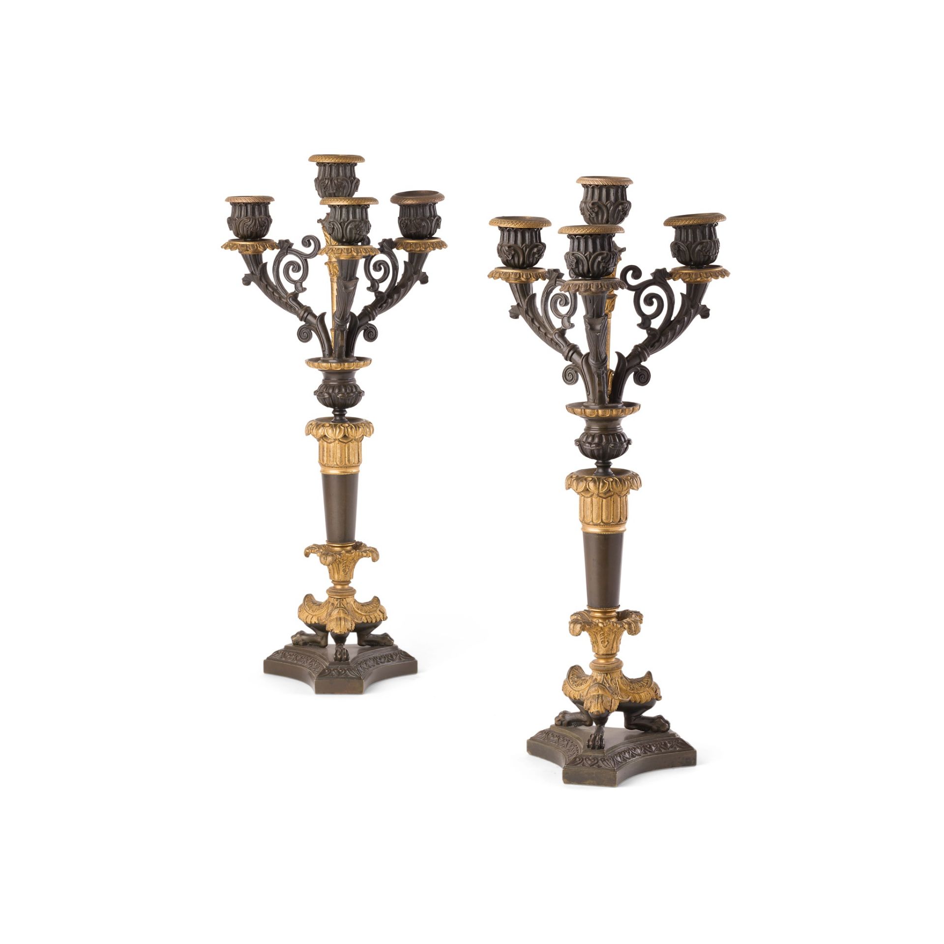 PAIR OF FRENCH EMPIRE PATINATED AND GILT BRONZE CANDELABRA EARLY 19TH CENTURY