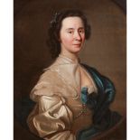 FOLLOWER OF ALLAN RAMSAY HALF LENGTH PORTRAIT OF A WOMAN IN WHITE DRESS WITH BLUE CLOAK
