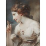 ATTRIBUTED TO JOHN RUSSELL HALF LENGTH PORTRAIT OF LADY IN WHITE DRESS WITH PEARL PENDANT