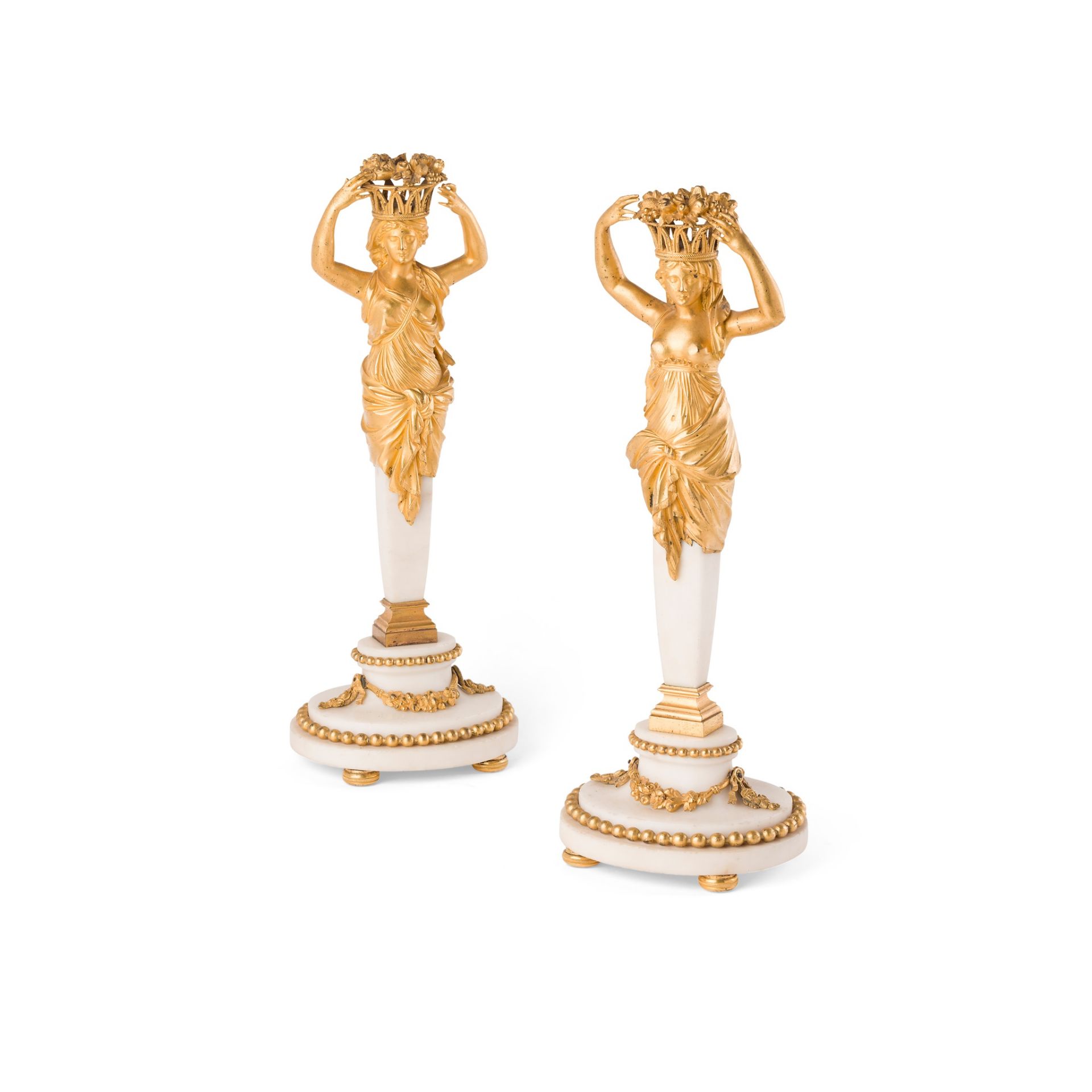 PAIR OF FRENCH EMPIRE GILT BRONZE AND WHITE MARBLE FIGURAL CANDLESTICKS EARLY 19TH CENTURY