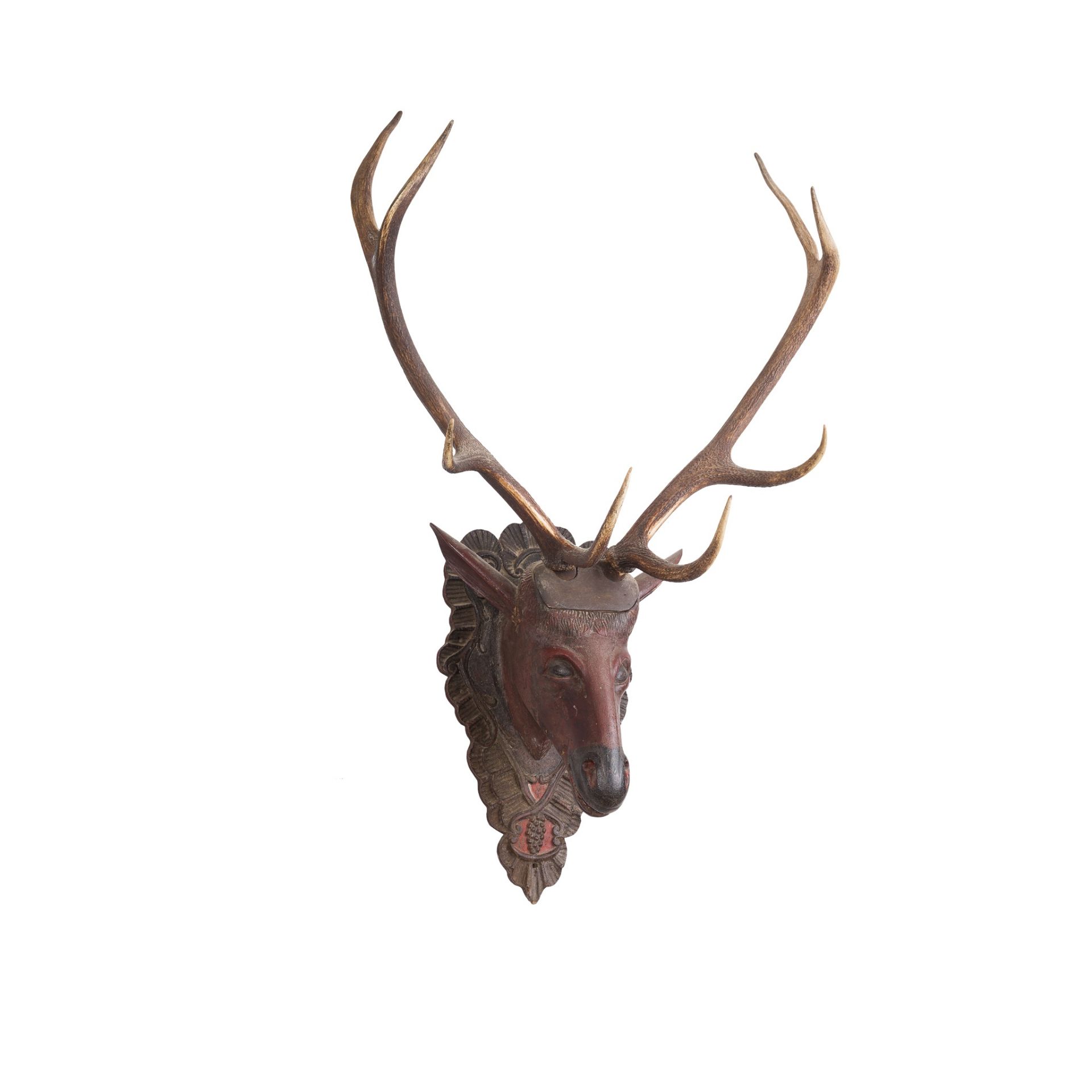 LARGE CARVED AND PAINTED WOOD STAG’S HEAD LATE 19TH/EARLY 20TH CENTURY