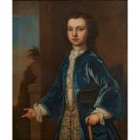 EARLY 18TH CENTURY ENGLISH SCHOOL THREE QUARTER LENGTH PORTRAIT OF A BOY IN BLUE COAT HOLDING A