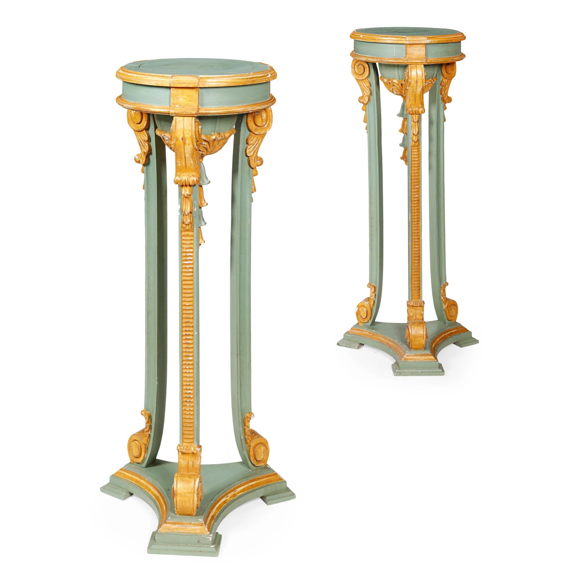 PAIR OF NEO-CLASSICAL STYLE GREEN PAINTED AND GILT WOOD STANDS EARLY 20TH CENTURY