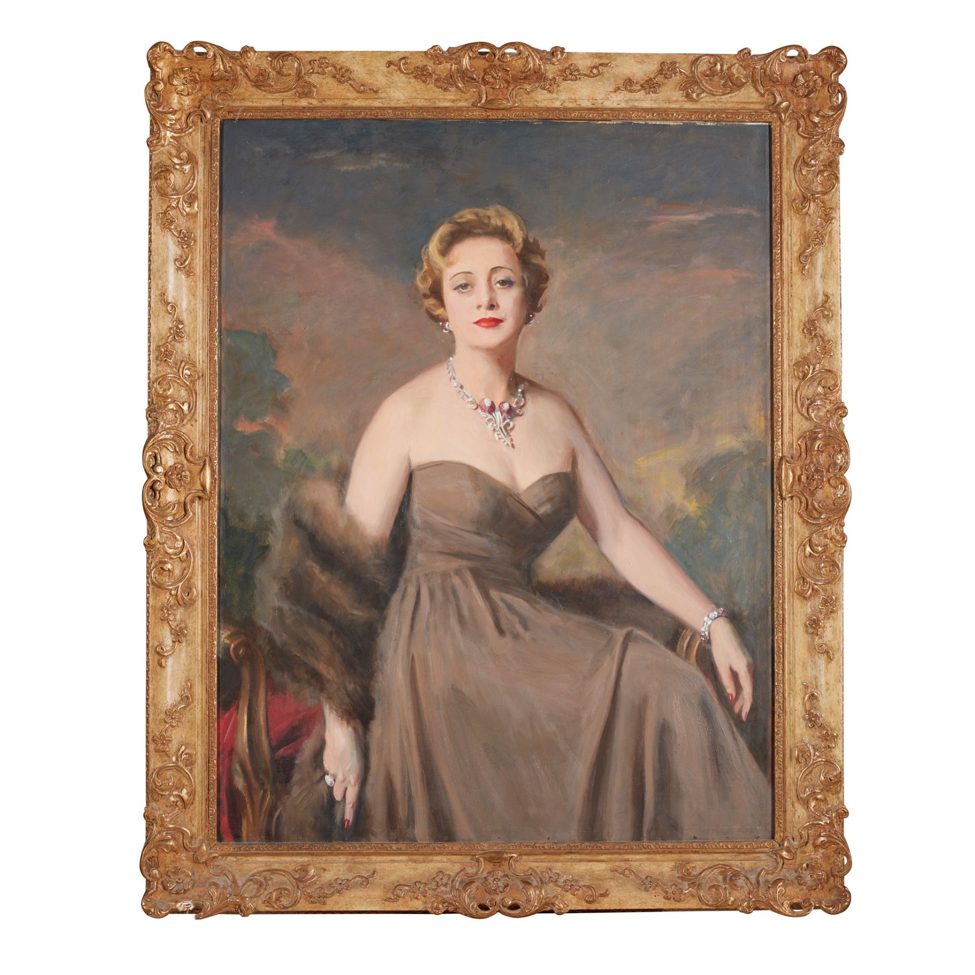 COWAN DOBSON (SCOTTISH 1894-1980) THREE QUARTER LENGTH PORTRAIT OF LADY BOWDEN IN GREY EVENING - Image 2 of 2