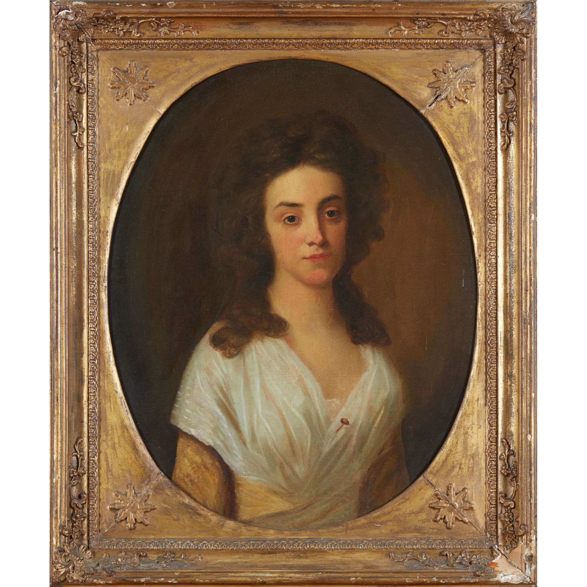 18TH CENTURY ENGLISH SCHOOL HALF LENGTH PORTRAIT OF A YOUNG WOMAN IN YELLOW DRESS WITH WHITE SHAWL - Image 2 of 2