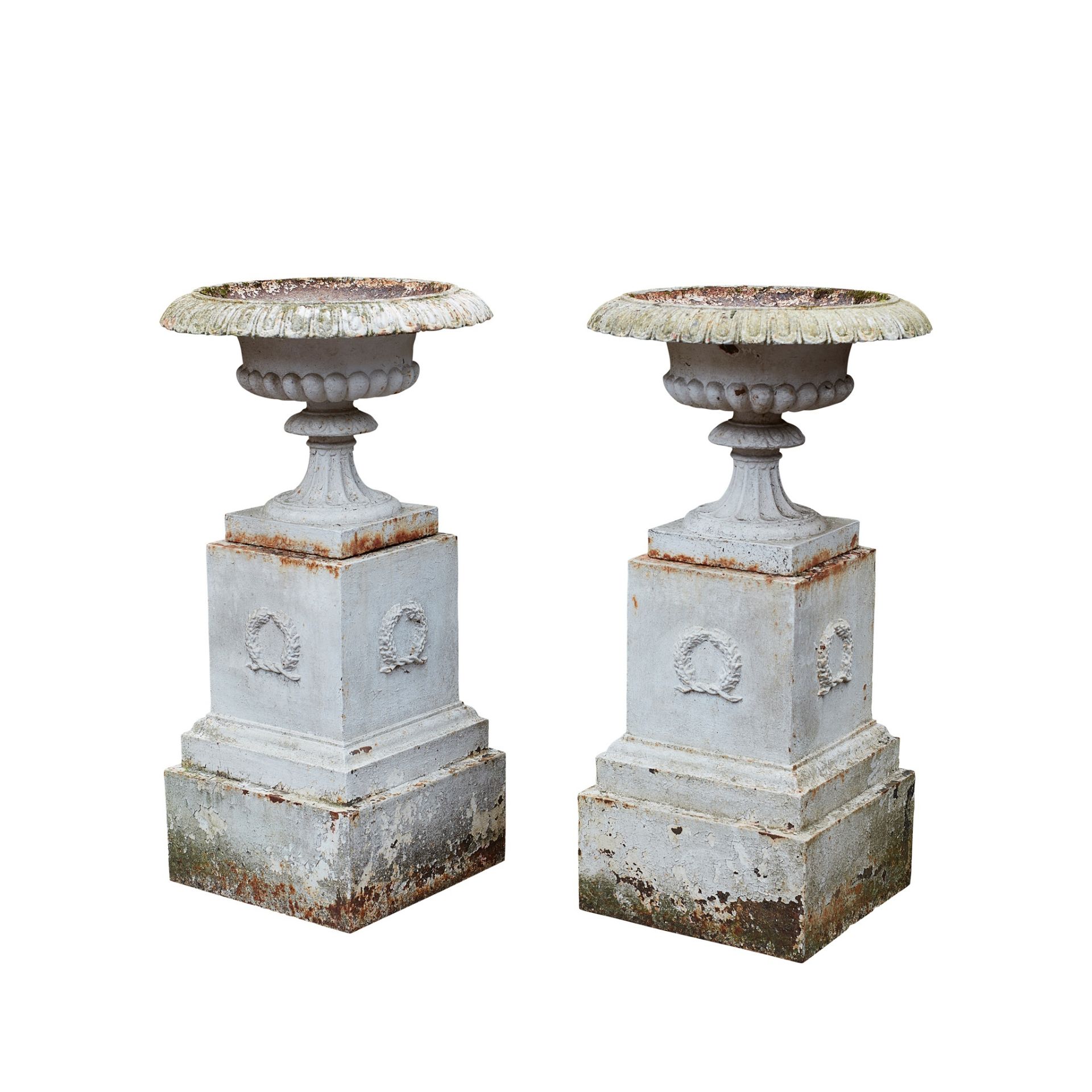 PAIR OF WHITE PAINTED CAST IRON URNS AND STANDS 19TH CENTURY