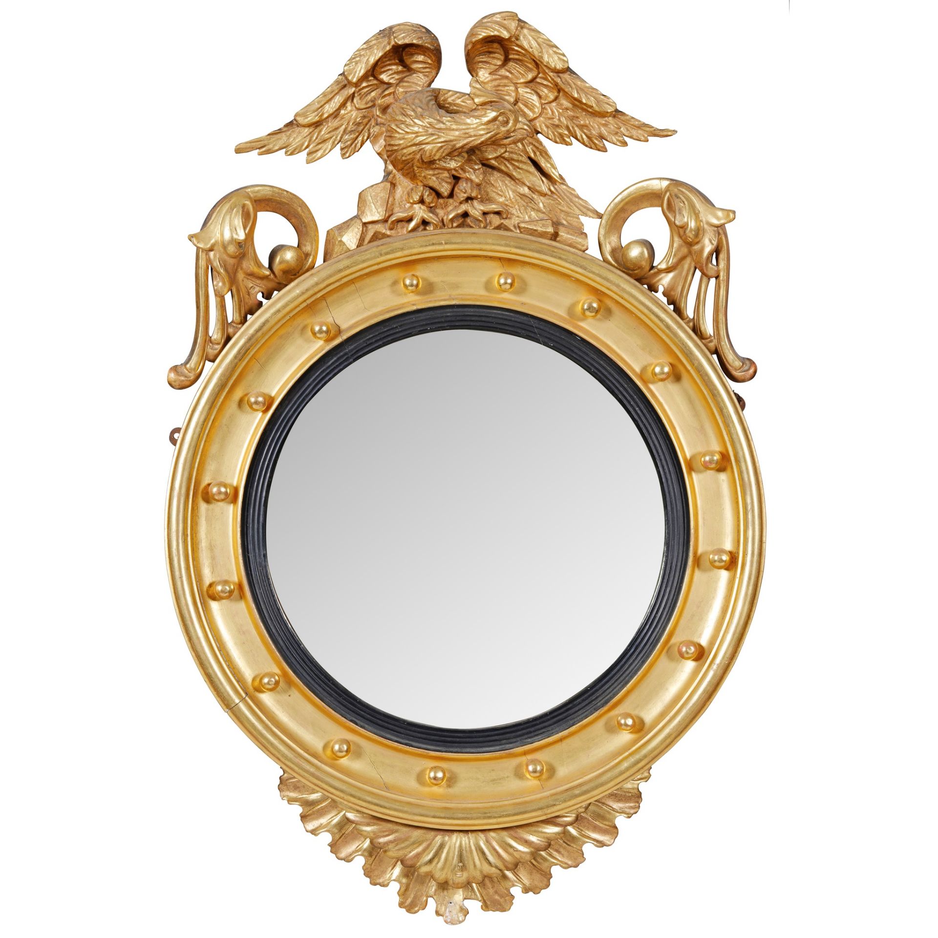 REGENCY GILT WOOD AND EBONISED CONVEX WALL MIRROR EARLY 19TH CENTURY