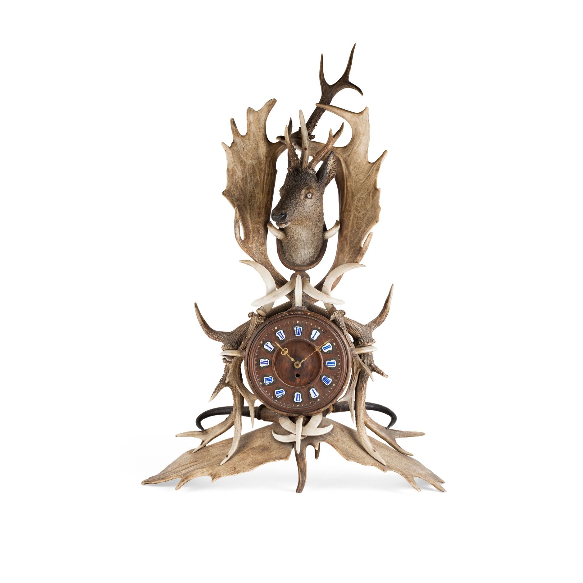 BLACK FOREST ANTLER AND WOOD MANTEL CLOCK LATE 19TH CENTURY