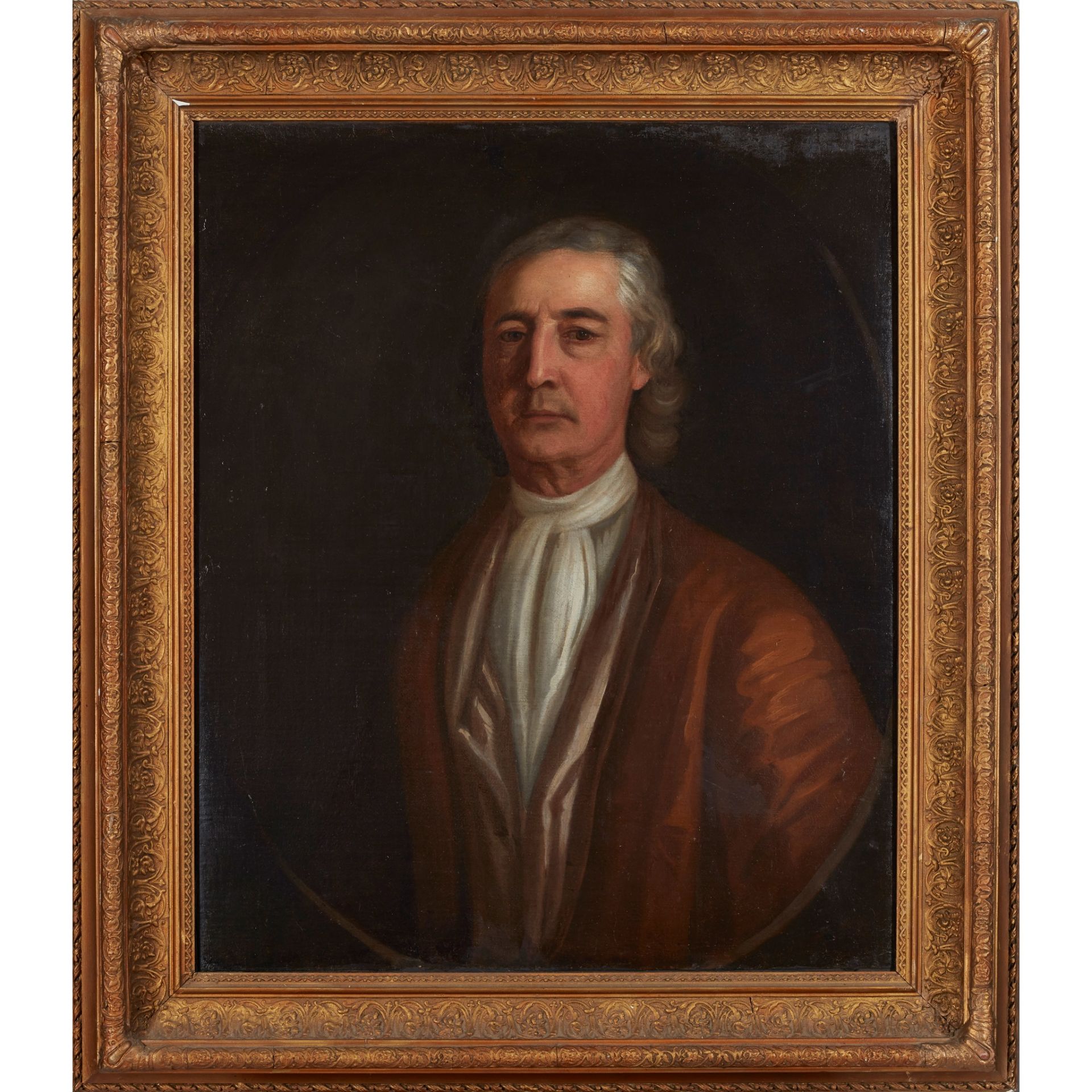 18TH CENTURY ENGLISH SCHOOL HALF LENGTH PORTRAIT OF A MAN WITH BROWN CLOAK AND WHITE STOCK - Bild 2 aus 2