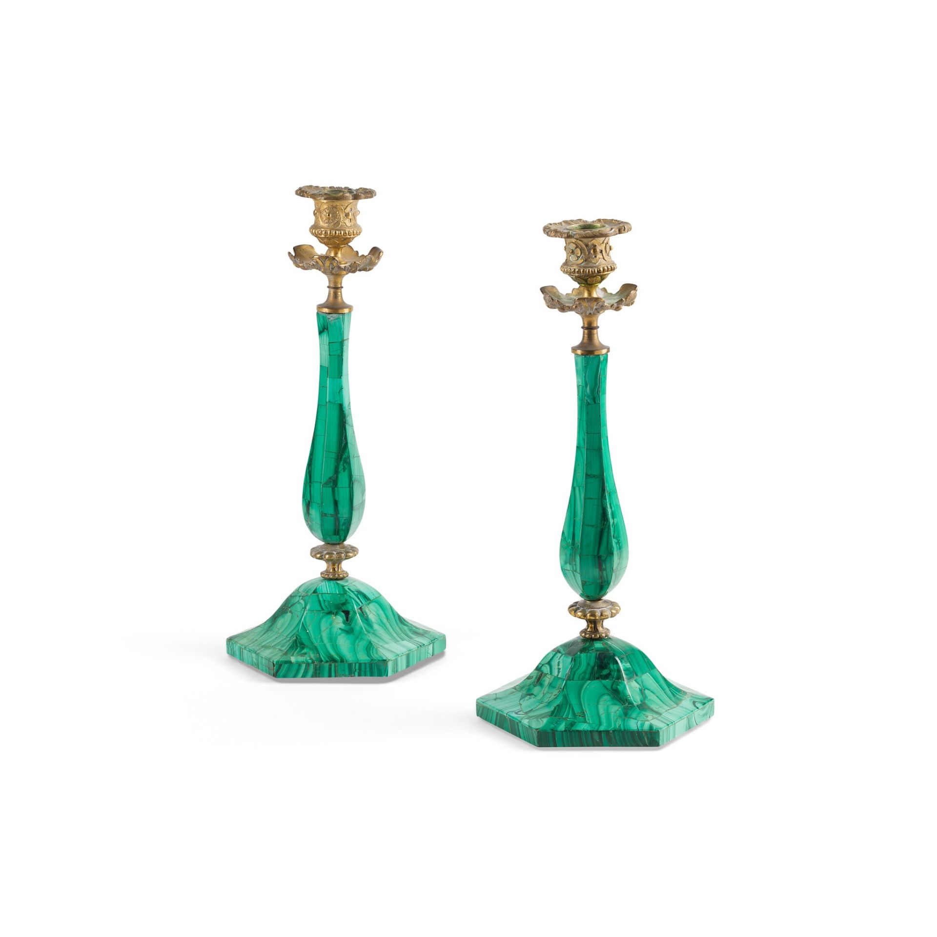 PAIR OF MALACHITE AND GILT BRONZE CANDLESTICKS 19TH CENTURY