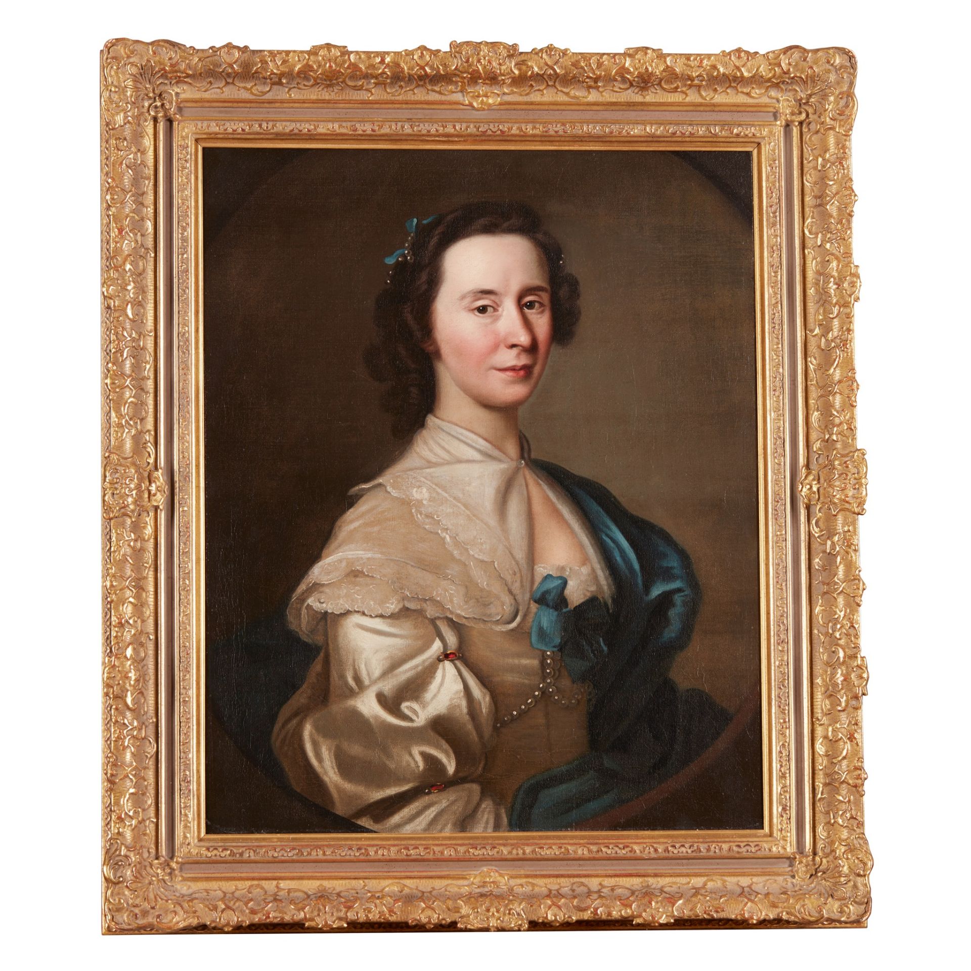 FOLLOWER OF ALLAN RAMSAY HALF LENGTH PORTRAIT OF A WOMAN IN WHITE DRESS WITH BLUE CLOAK - Image 2 of 2