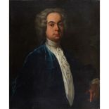 18TH CENTURY ENGLISH SCHOOL HALF LENGTH PORTRAIT OF A GENTLEMAN IN A BLUE JACKET AND WHITE LACE