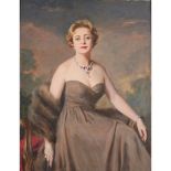 COWAN DOBSON (SCOTTISH 1894-1980) THREE QUARTER LENGTH PORTRAIT OF LADY BOWDEN IN GREY EVENING