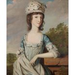 18TH CENTURY ENGLISH SCHOOL PORTRAIT OF A YOUNG WOMAN IN BLUE AND WHITE DRESS AND HAT