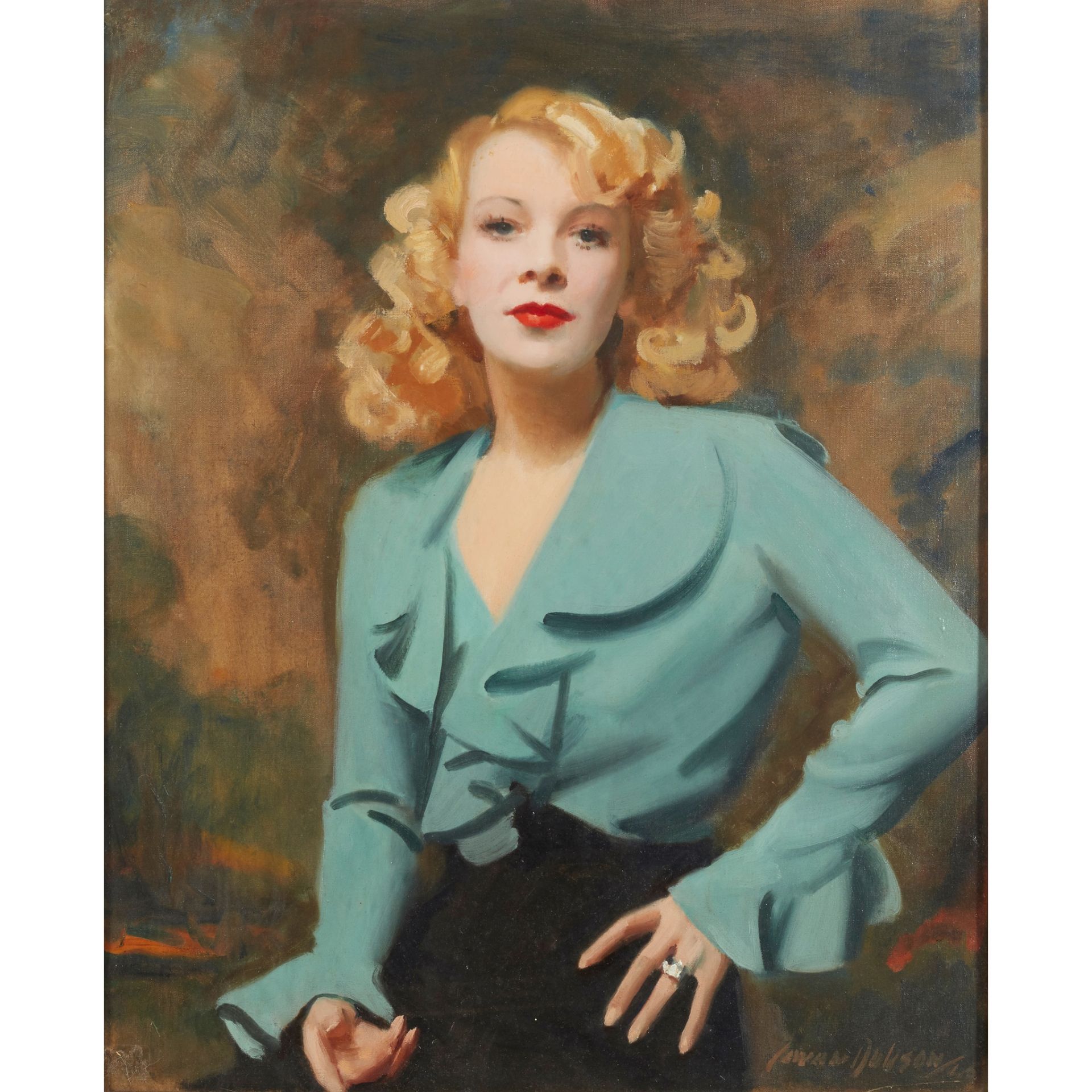 § COWAN DOBSON (SCOTTISH 1894-1980) THREE QUARTER LENGTH PORTRAIT OF A BLONDE WOMAN IN BLUE BLOUSE