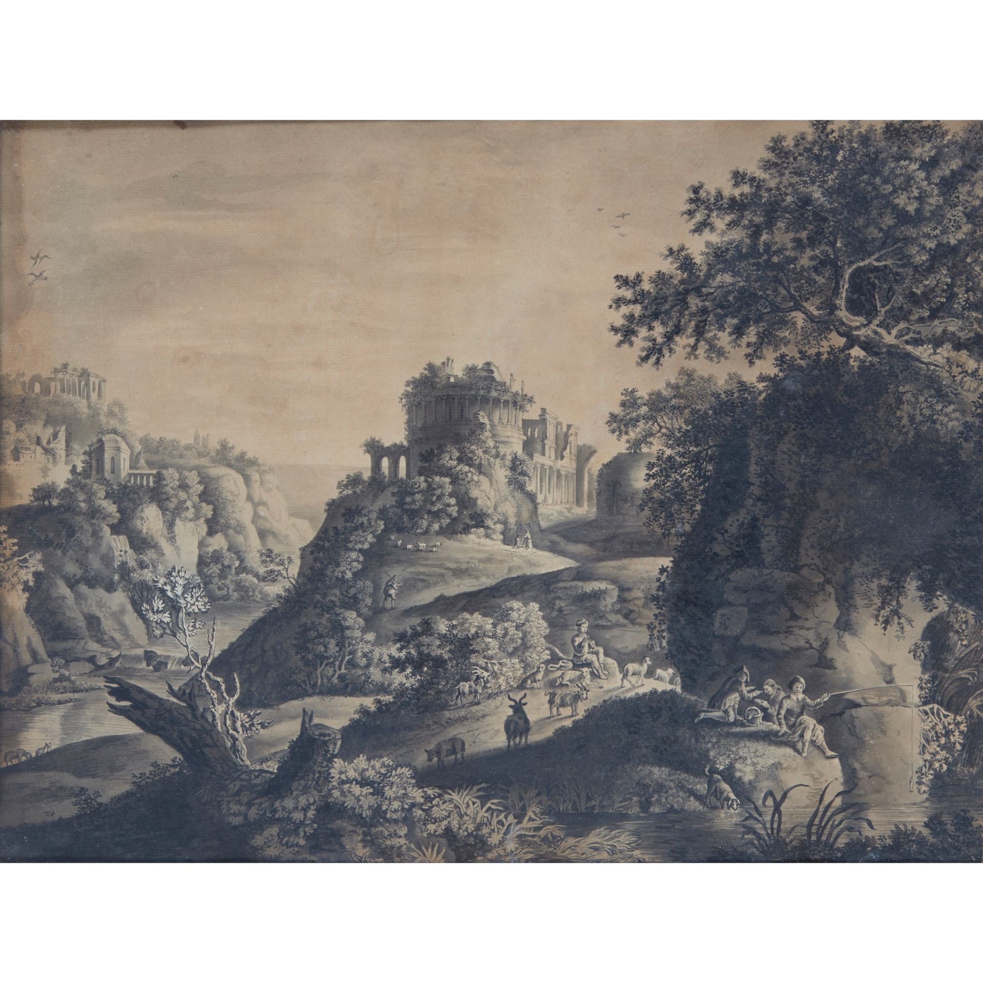 MANNER OF JACOB PHILIPP HACKERT AN ITALIANATE LANDSCAPE WITH FISHERMAN