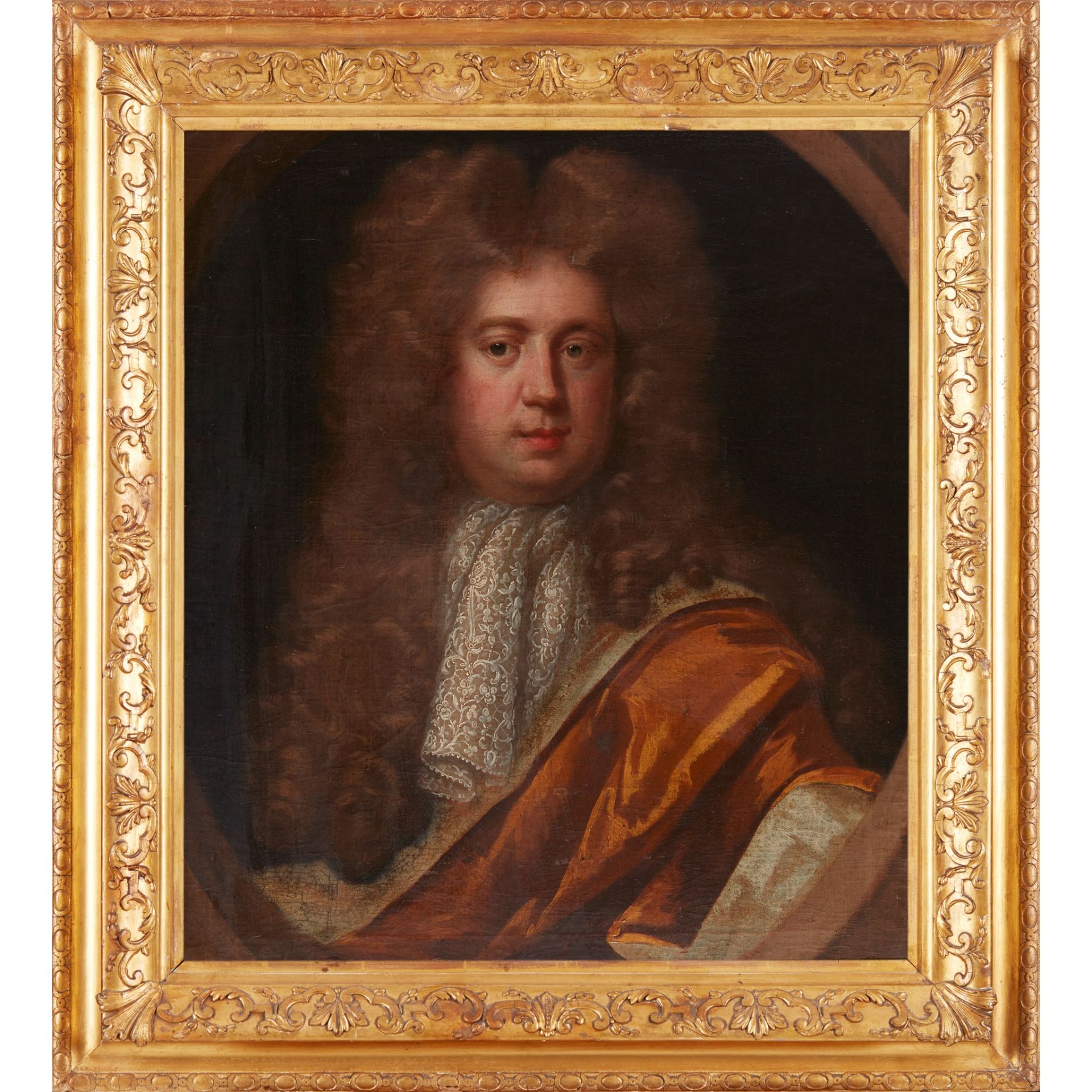 18TH CENTURY FRENCH SCHOOL HALF LENGTH PORTRAIT OF A GENTLEMAN IN A WIG, WITH GOLD CLOAK AND LACE - Image 2 of 2