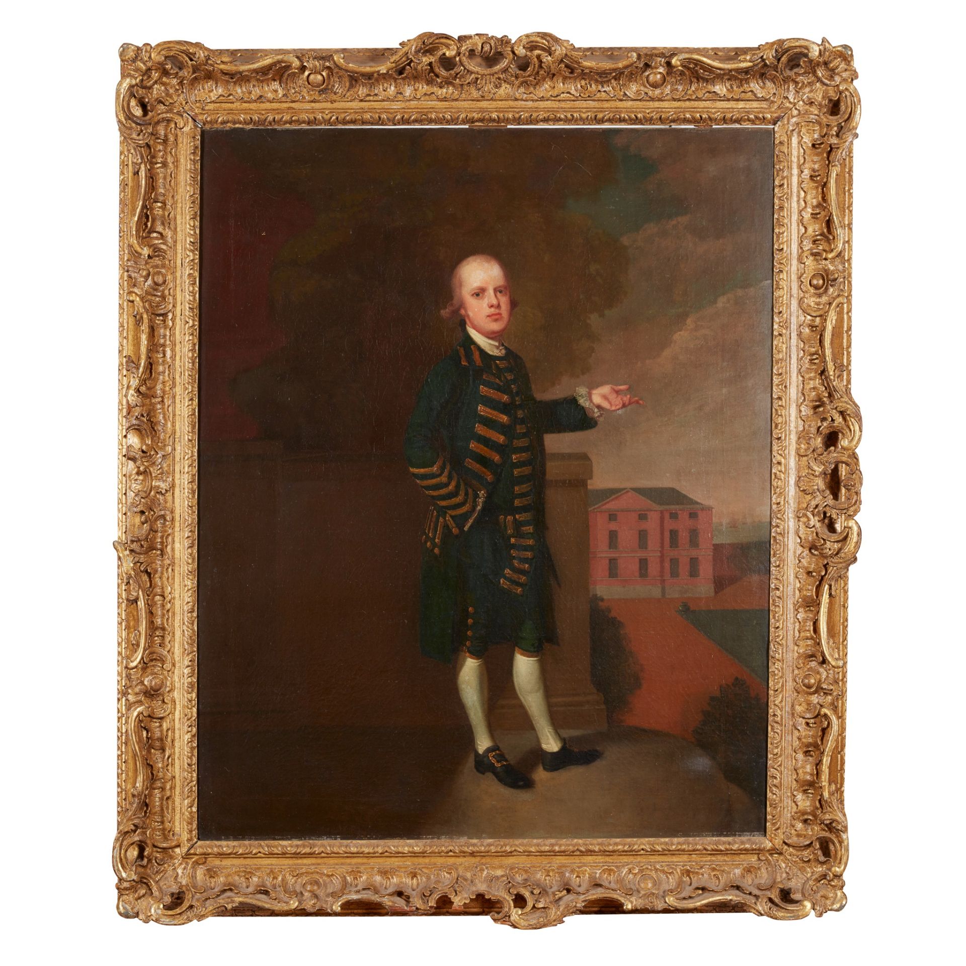 FOLLOWER OF ARTHUR DEVIS FULL LENGTH PORTRAIT OF A MAN IN BLUE IN FRONT OF A COUNTRY HOUSE - Image 2 of 2