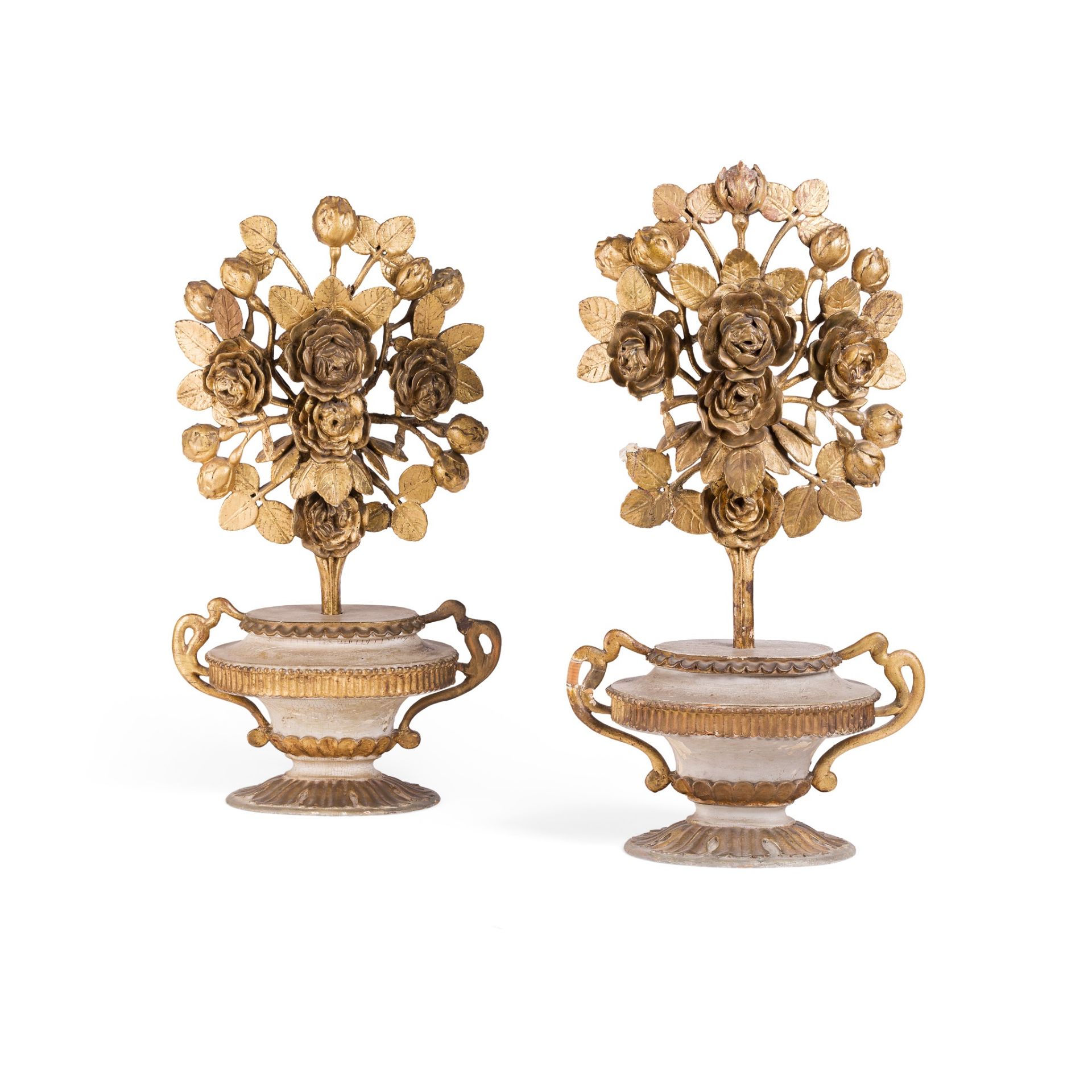 PAIR OF ITALIAN PAINTED AND GILT WOOD FLOWERING URNS 19TH CENTURY