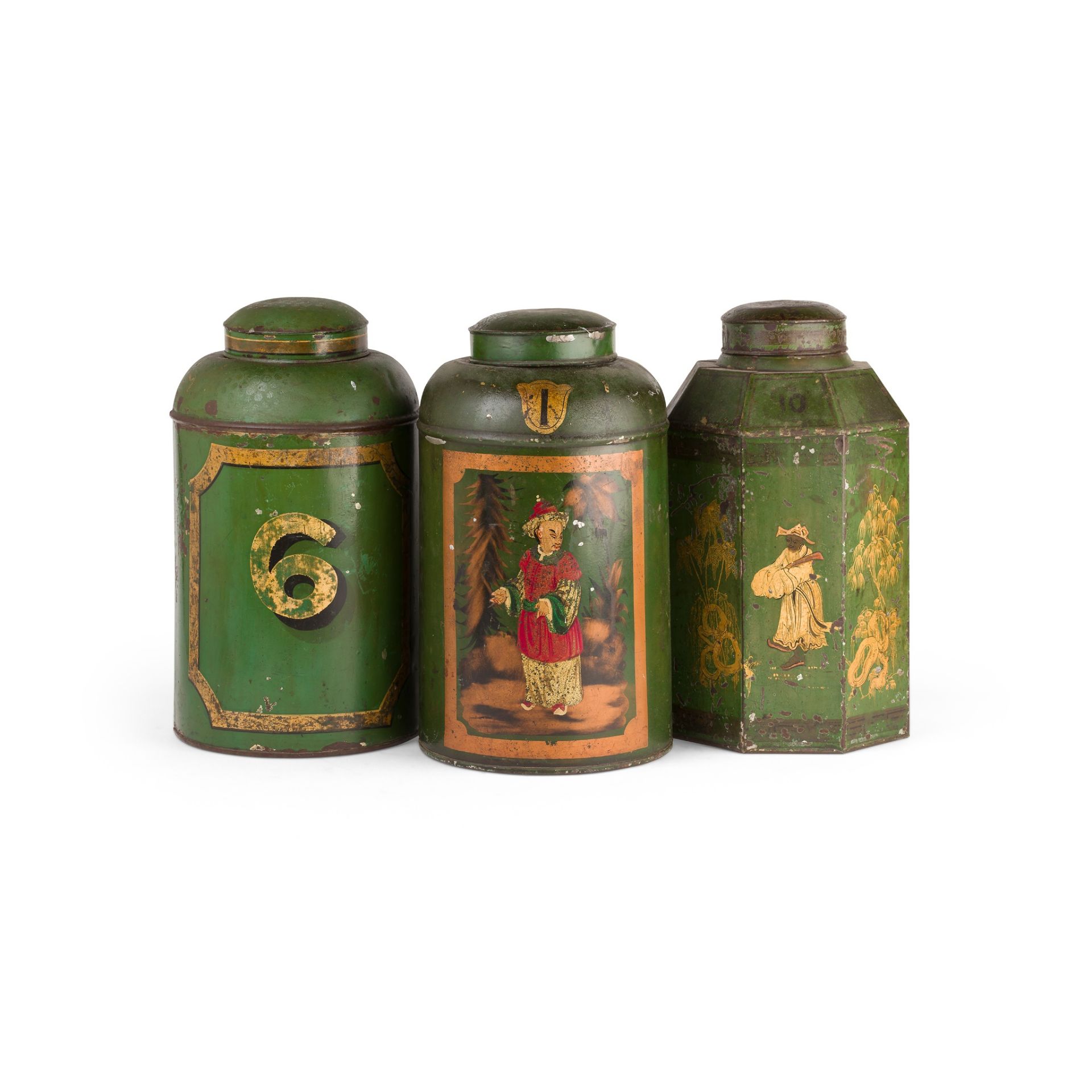 THREE TOLE PAINTED TEA CANISTERS 19TH CENTURY