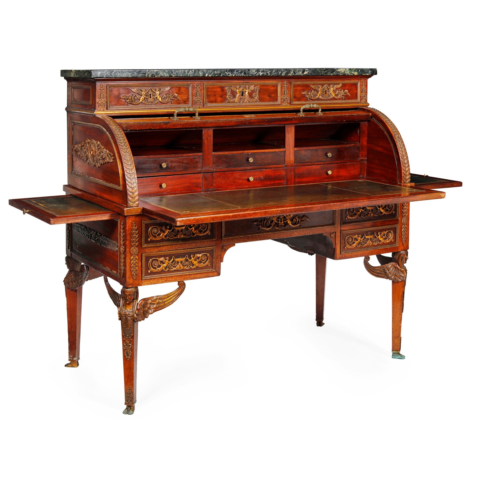 FRENCH EMPIRE MARBLE TOPPED MAHOGANY BUREAU A CYLINDRE EARLY 19TH CENTURY - Image 2 of 2