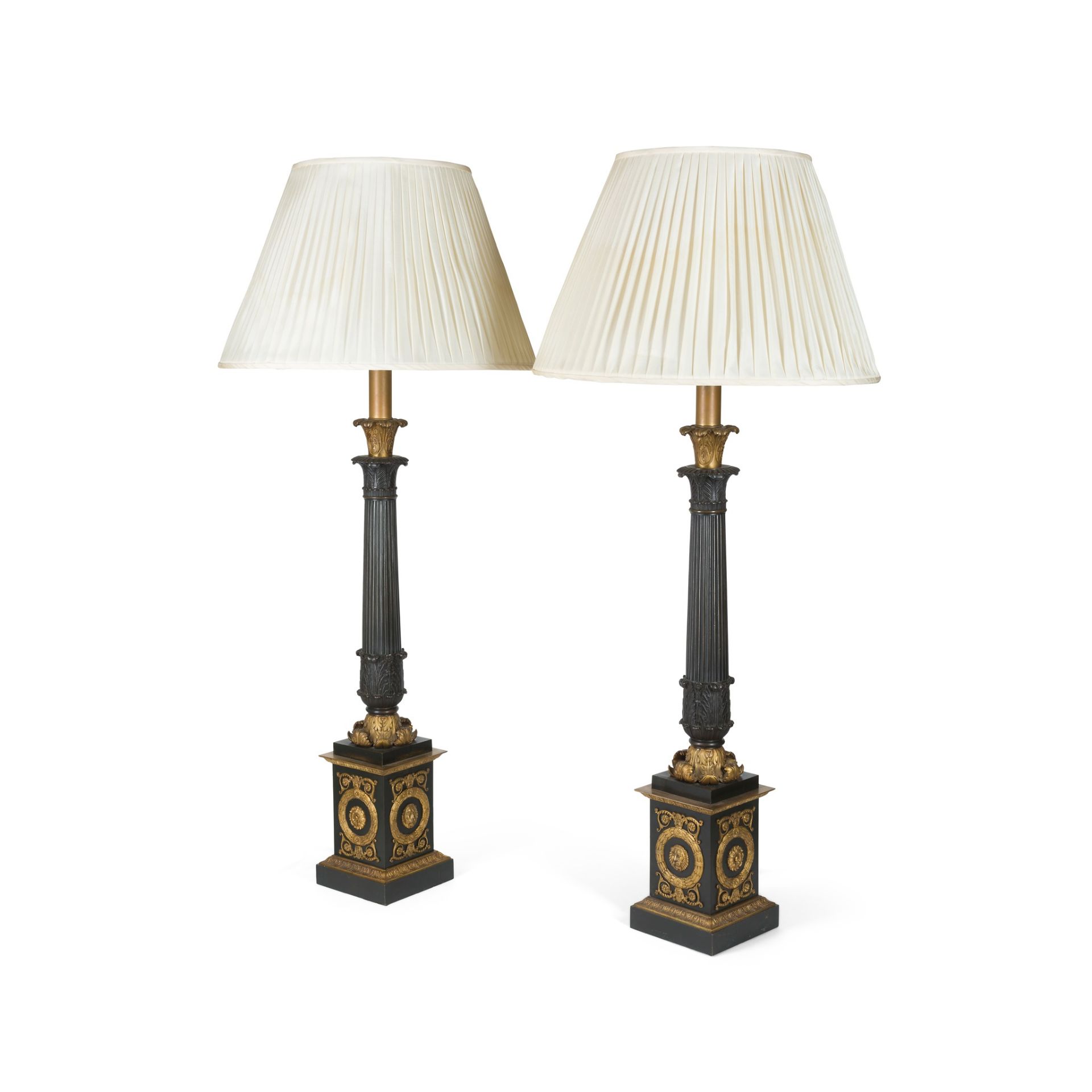PAIR OF LARGE FRENCH EMPIRE PATINATED AND GILT BRONZE TABLE LAMPS EARLY 19TH CENTURY