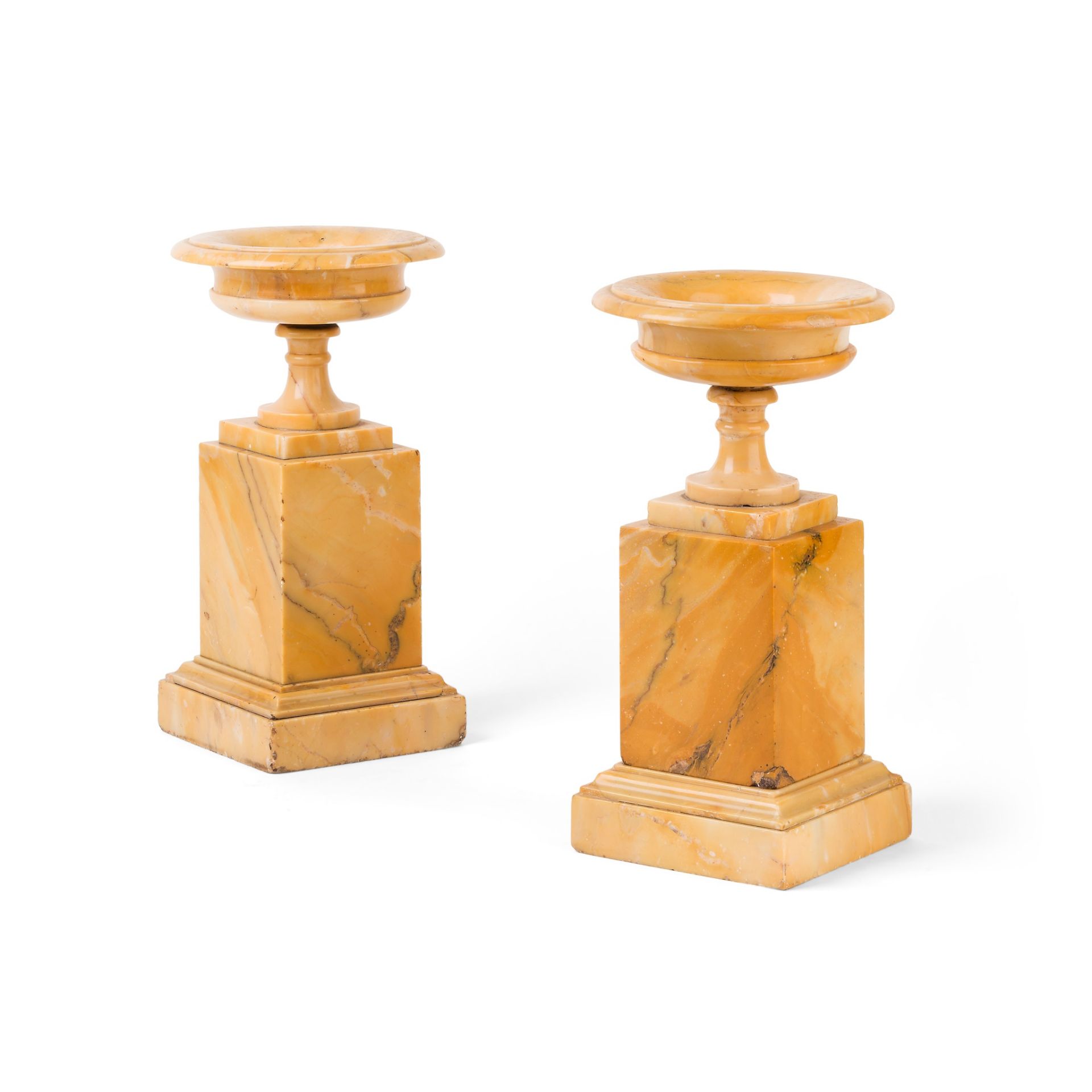 PAIR OF REGENCY SIENA MARBLE URNS ON STANDS EARLY 19TH CENTURY