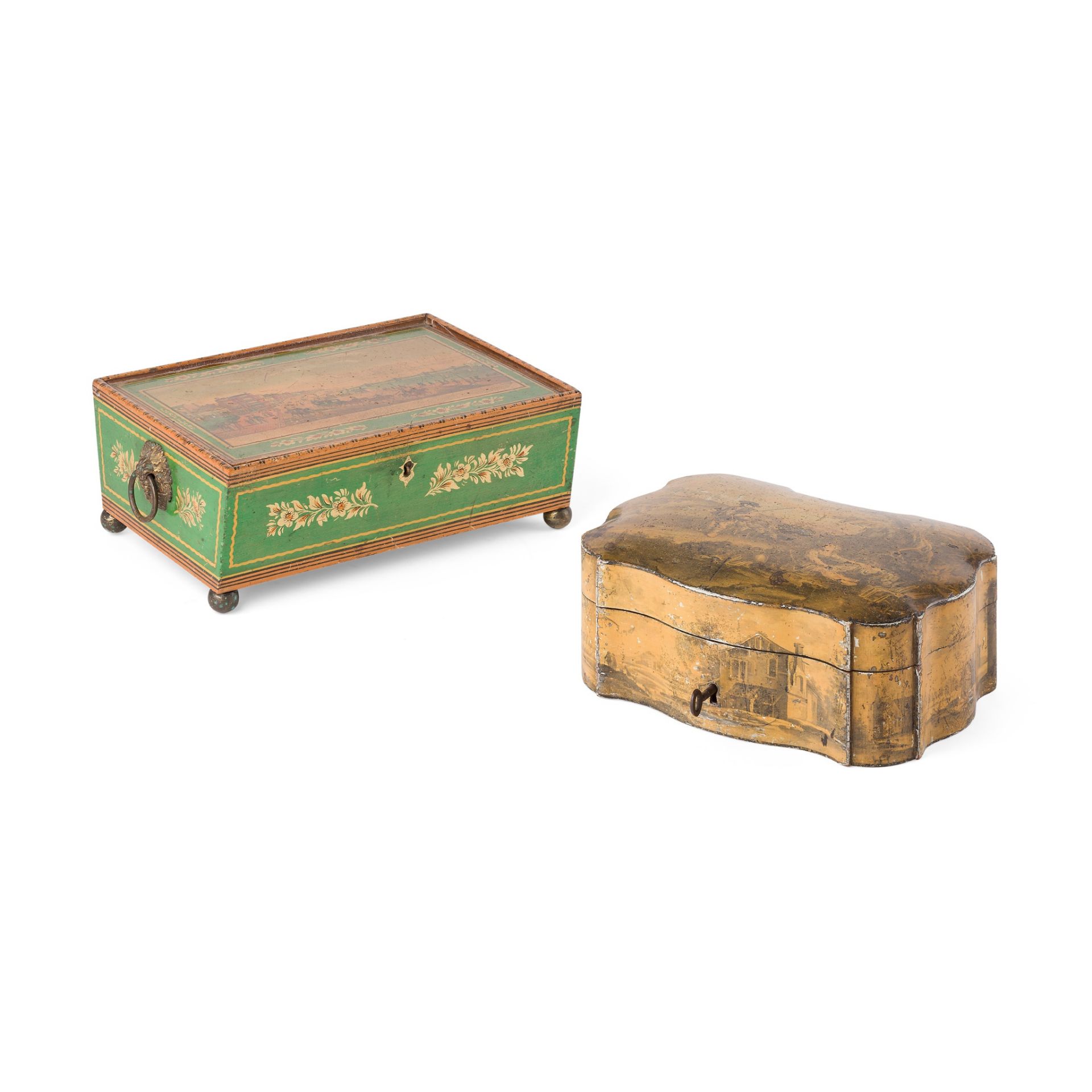 TWO PAINTED/LACQUER PRINTED WOOD BOXES EARLY 19TH CENTURY