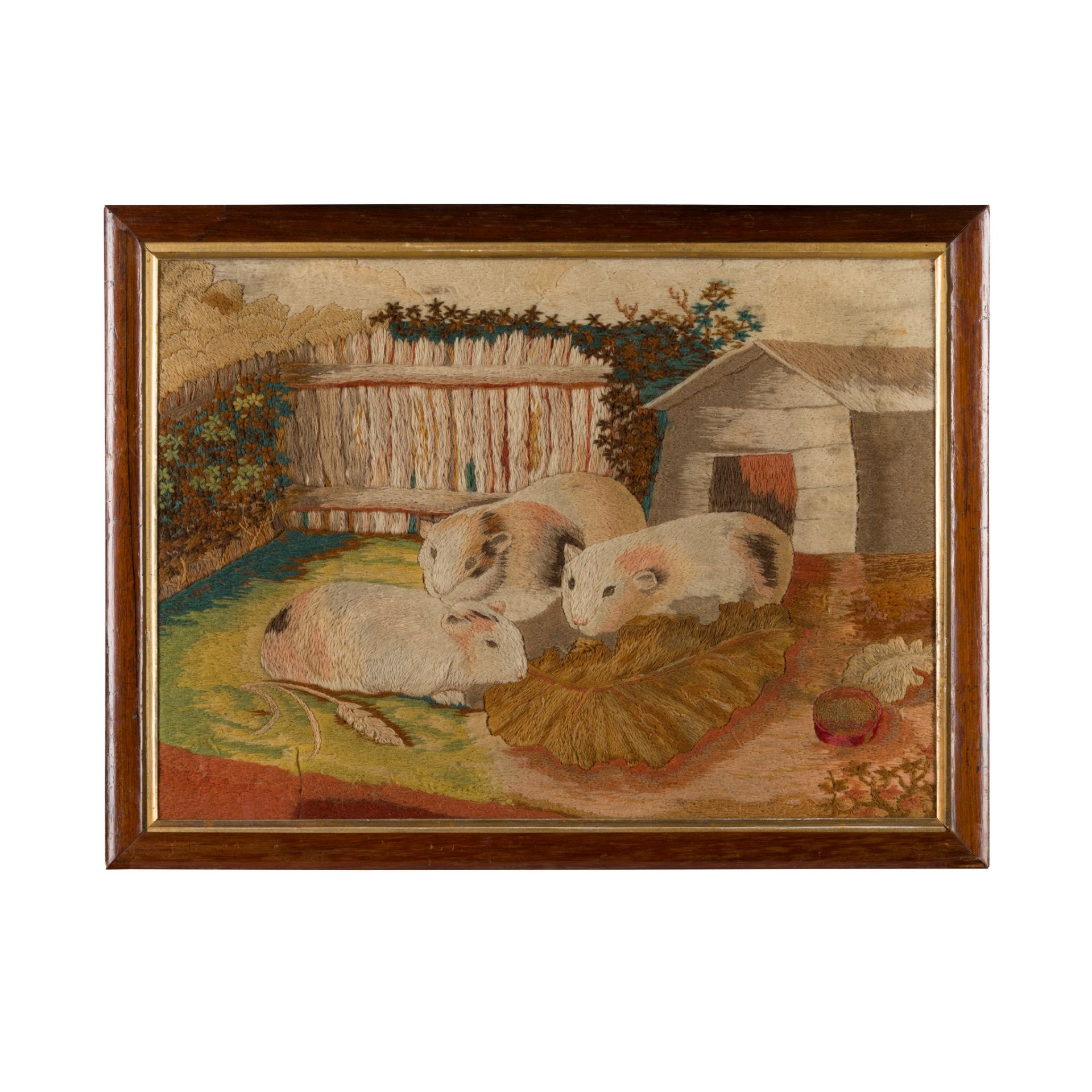 WOOLWORK PICTURE OF THREE GUINEA PIGS LATE 18TH/EARLY 19TH CENTURY