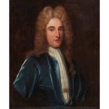 18TH CENTURY ENGLISH SCHOOL HALF LENGTH PORTRAIT OF A YOUNG MAN IN A BLUE COAT WITH WHITE STOCK