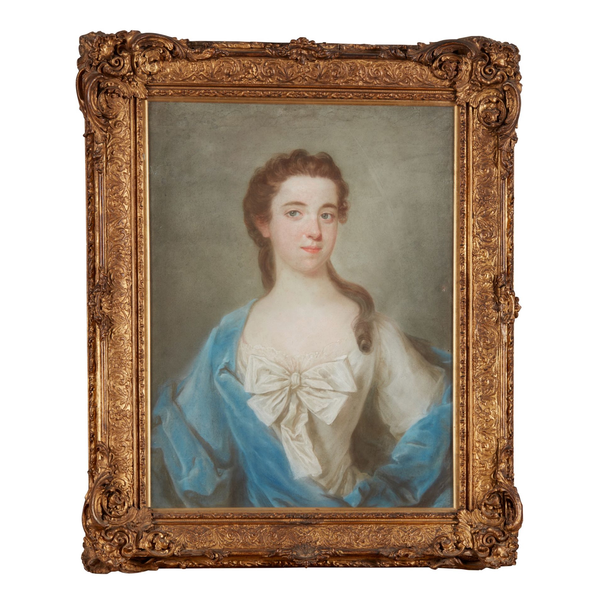 18TH CENTURY ENGLISH SCHOOL HALF LENGTH PORTRAIT OF A YOUNG LADY IN A WHITE DRESS WITH BLUE WRAP - Image 2 of 2