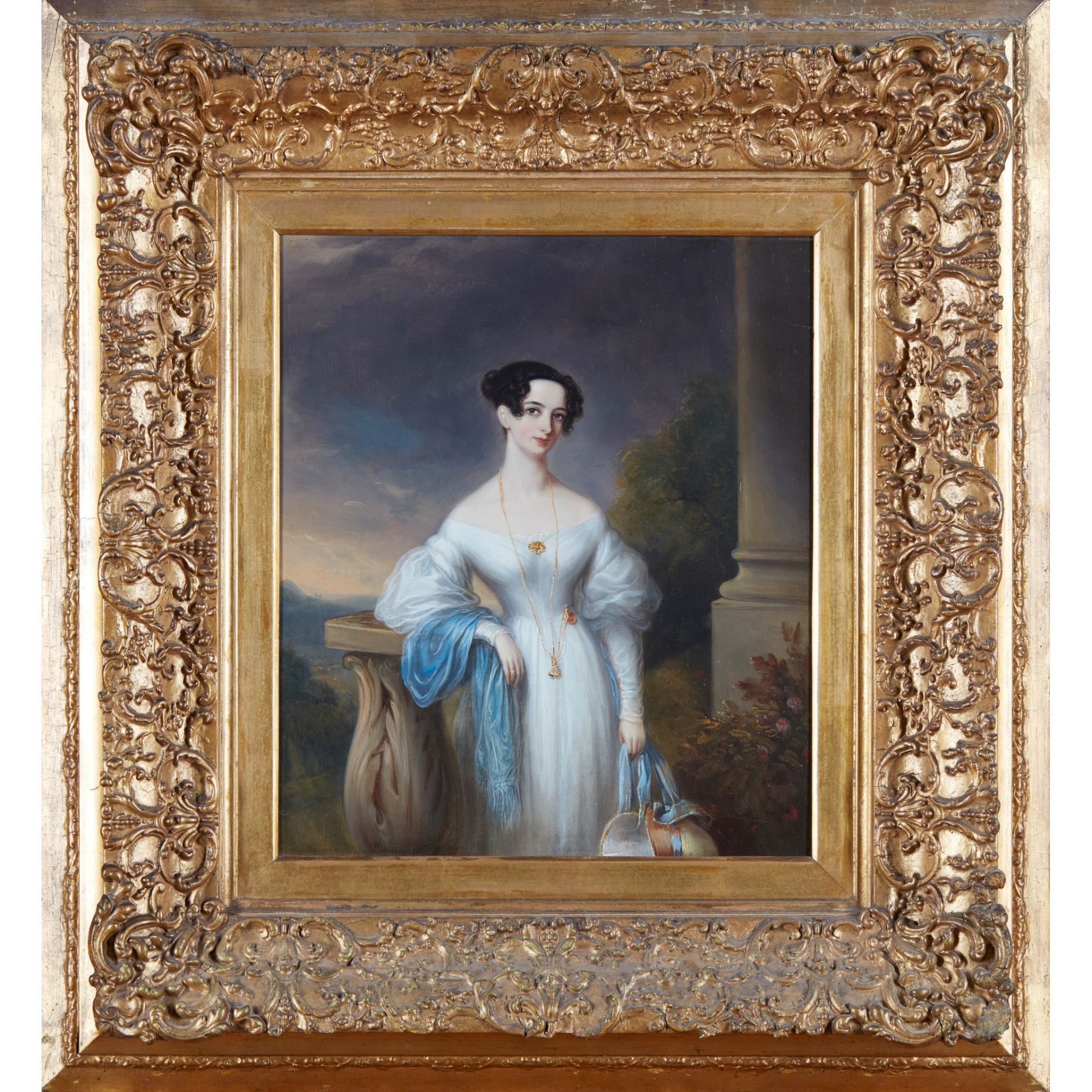WILLIAM MOORE (BRITISH 1790-1851) THREE QUARTER LENGTH PORTRAIT OF AN ELEGANT WOMAN ON A BALCONY - Image 2 of 2