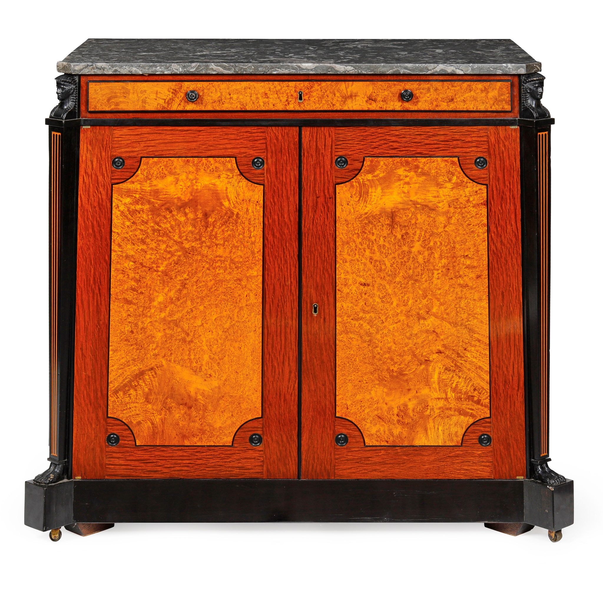 GEORGE IV MARBLE TOPPED AMBOYNA, PARTRIDGE WOOD AND EBONISED SIDE CABINET EARLY 19TH CENTURY - Image 3 of 4